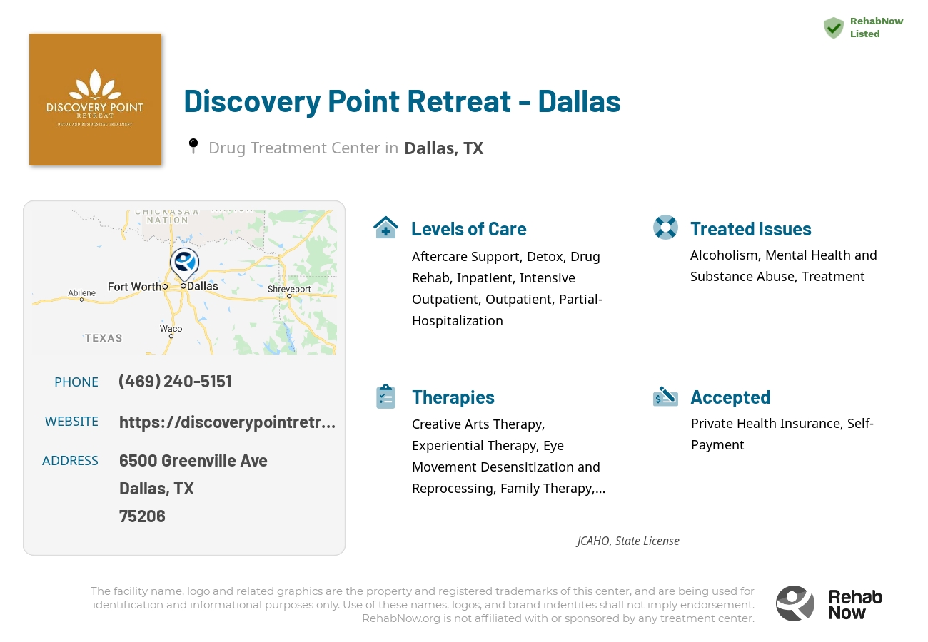 Helpful reference information for Discovery Point Retreat - Dallas, a drug treatment center in Texas located at: 6500 Greenville Ave, Dallas, TX 75206, including phone numbers, official website, and more. Listed briefly is an overview of Levels of Care, Therapies Offered, Issues Treated, and accepted forms of Payment Methods.