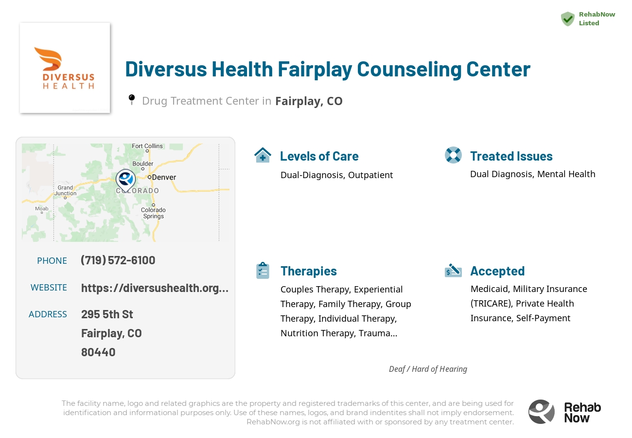 Helpful reference information for Diversus Health Fairplay Counseling Center, a drug treatment center in Colorado located at: 295 5th St, Fairplay, CO 80440, including phone numbers, official website, and more. Listed briefly is an overview of Levels of Care, Therapies Offered, Issues Treated, and accepted forms of Payment Methods.