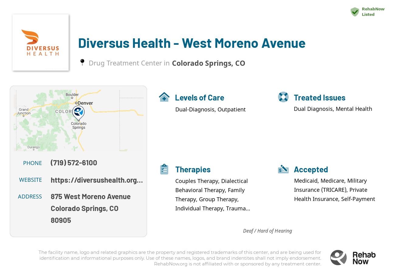 Helpful reference information for Diversus Health - West Moreno Avenue, a drug treatment center in Colorado located at: 875 875 West Moreno Avenue, Colorado Springs, CO 80905, including phone numbers, official website, and more. Listed briefly is an overview of Levels of Care, Therapies Offered, Issues Treated, and accepted forms of Payment Methods.