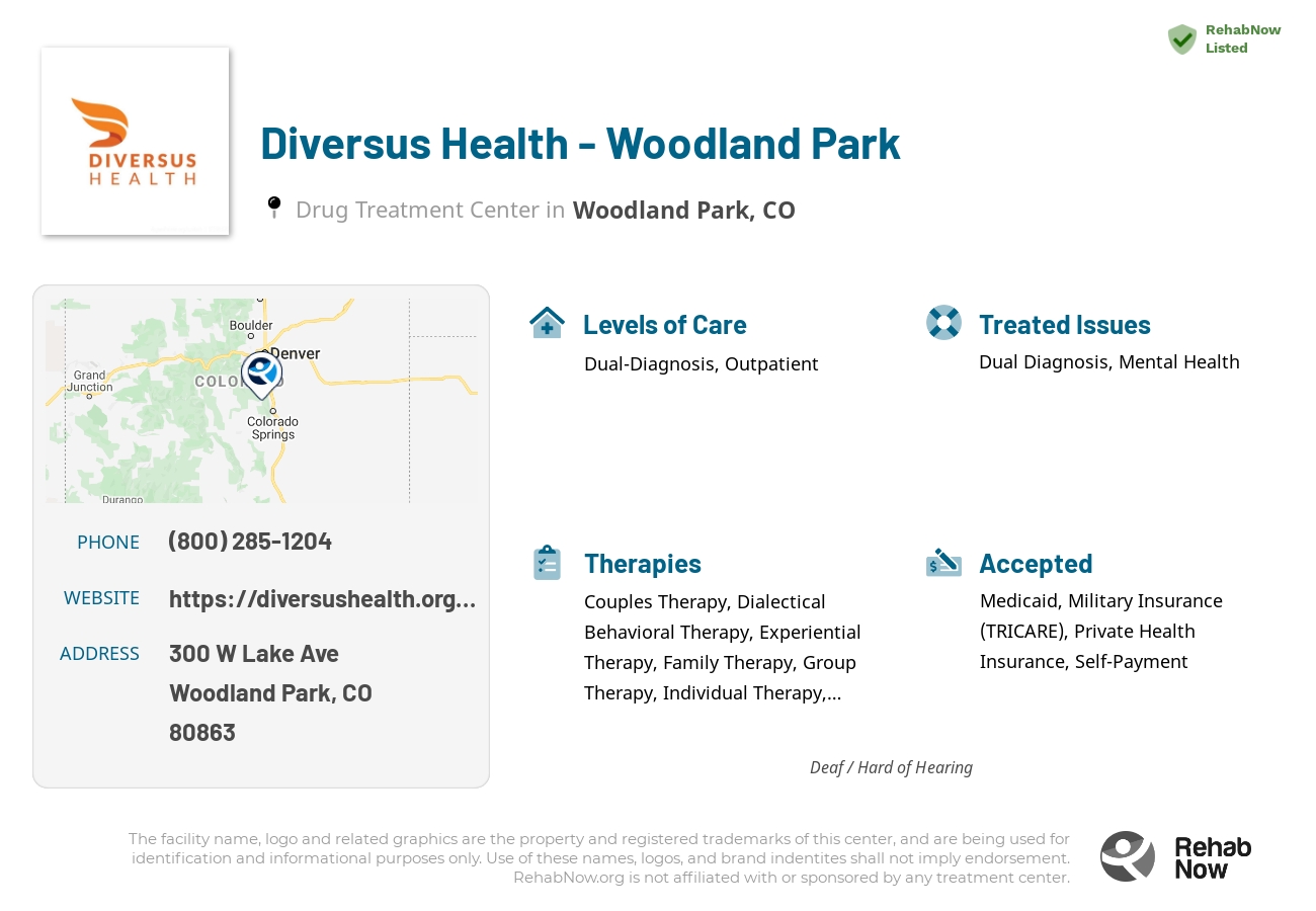 Helpful reference information for Diversus Health - Woodland Park, a drug treatment center in Colorado located at: 300 W Lake Ave, Woodland Park, CO 80863, including phone numbers, official website, and more. Listed briefly is an overview of Levels of Care, Therapies Offered, Issues Treated, and accepted forms of Payment Methods.