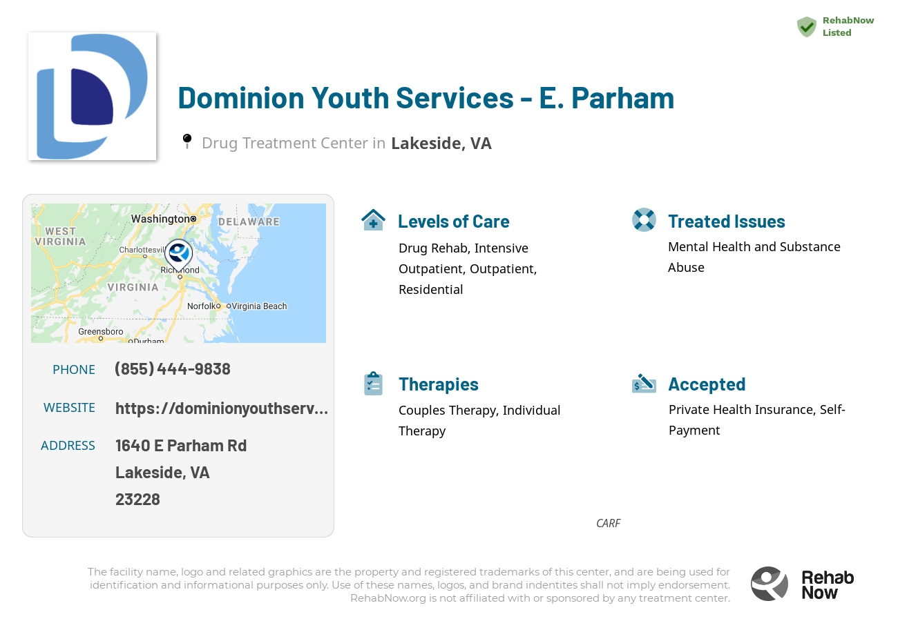 Helpful reference information for Dominion Youth Services - E. Parham, a drug treatment center in Virginia located at: 1640 E Parham Rd, Lakeside, VA 23228, including phone numbers, official website, and more. Listed briefly is an overview of Levels of Care, Therapies Offered, Issues Treated, and accepted forms of Payment Methods.