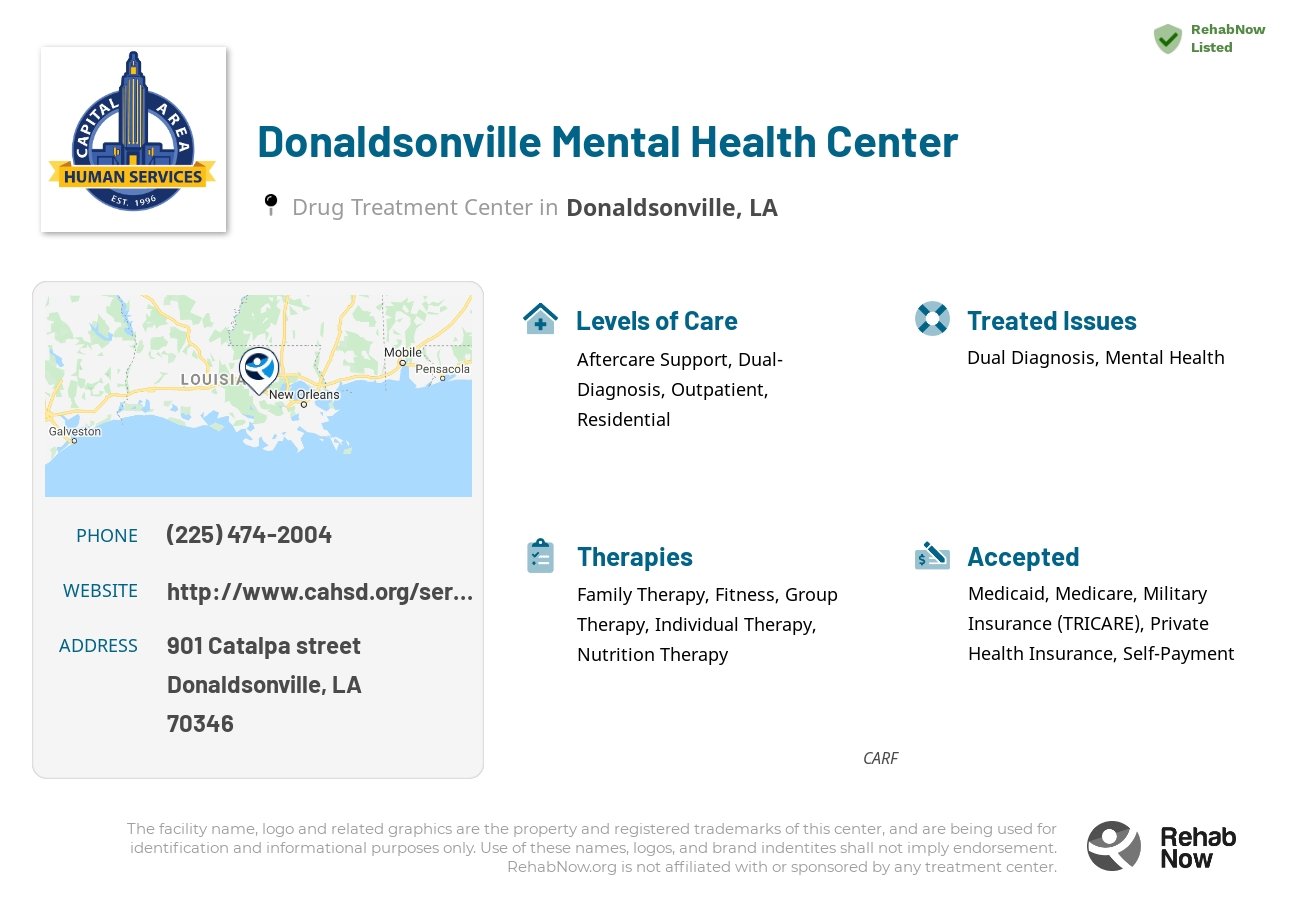 Helpful reference information for Donaldsonville Mental Health Center, a drug treatment center in Louisiana located at: 901 901 Catalpa street, Donaldsonville, LA 70346, including phone numbers, official website, and more. Listed briefly is an overview of Levels of Care, Therapies Offered, Issues Treated, and accepted forms of Payment Methods.
