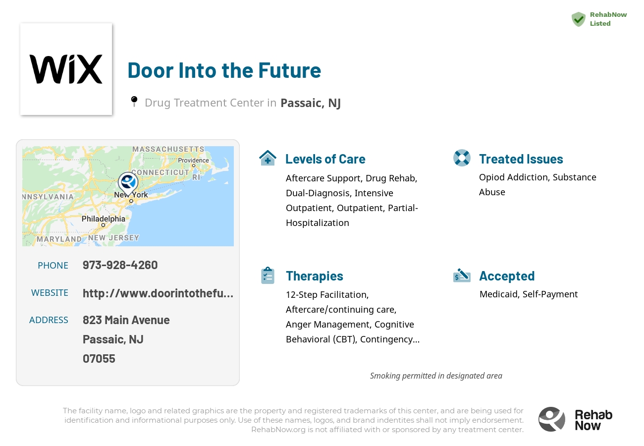Helpful reference information for Door Into the Future, a drug treatment center in New Jersey located at: 823 Main Avenue, Passaic, NJ 07055, including phone numbers, official website, and more. Listed briefly is an overview of Levels of Care, Therapies Offered, Issues Treated, and accepted forms of Payment Methods.