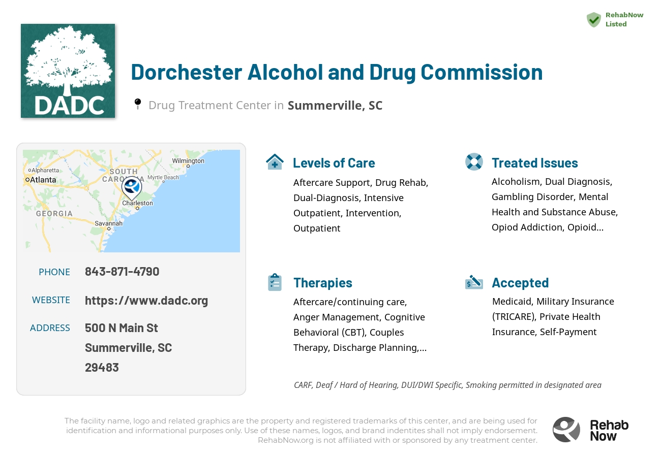 Helpful reference information for Dorchester Alcohol and Drug Commission, a drug treatment center in South Carolina located at: 500 N Main St, Summerville, SC 29483, including phone numbers, official website, and more. Listed briefly is an overview of Levels of Care, Therapies Offered, Issues Treated, and accepted forms of Payment Methods.