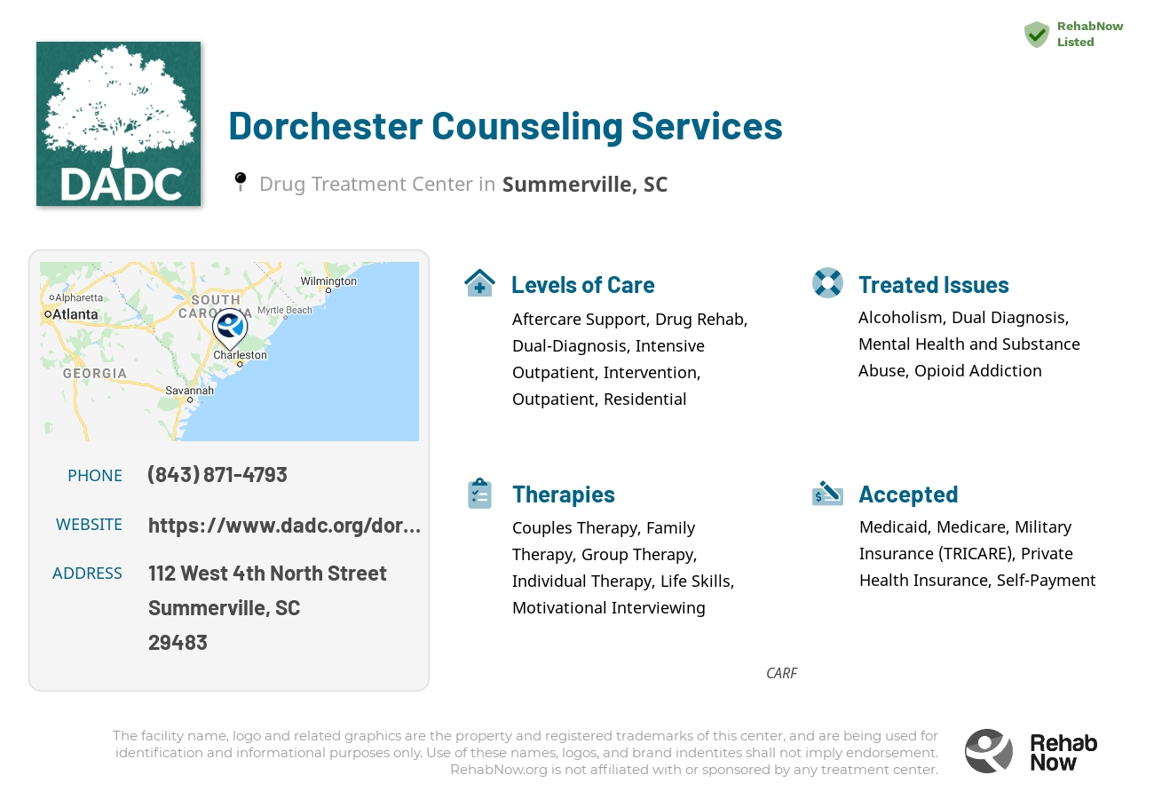 Helpful reference information for Dorchester Counseling Services, a drug treatment center in South Carolina located at: 112 112 West 4th North Street, Summerville, SC 29483, including phone numbers, official website, and more. Listed briefly is an overview of Levels of Care, Therapies Offered, Issues Treated, and accepted forms of Payment Methods.