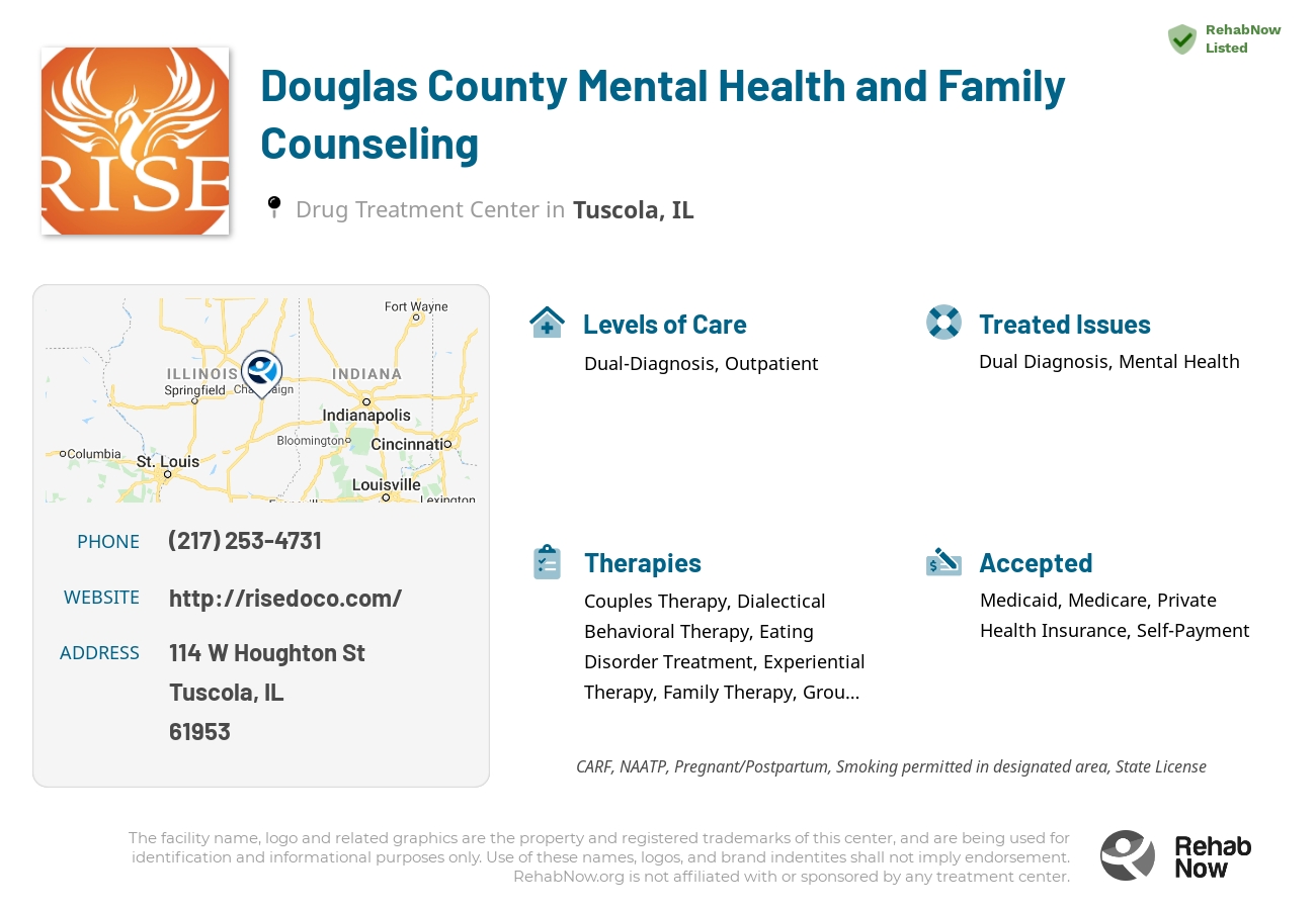 Helpful reference information for Douglas County Mental Health and Family Counseling, a drug treatment center in Illinois located at: 114 W Houghton St, Tuscola, IL 61953, including phone numbers, official website, and more. Listed briefly is an overview of Levels of Care, Therapies Offered, Issues Treated, and accepted forms of Payment Methods.