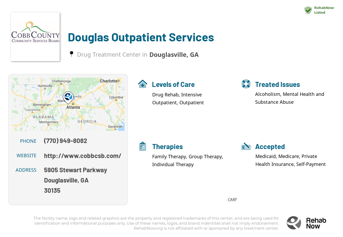 Helpful reference information for Douglas Outpatient Services, a drug treatment center in Georgia located at: 5905 5905 Stewart Parkway, Douglasville, GA 30135, including phone numbers, official website, and more. Listed briefly is an overview of Levels of Care, Therapies Offered, Issues Treated, and accepted forms of Payment Methods.