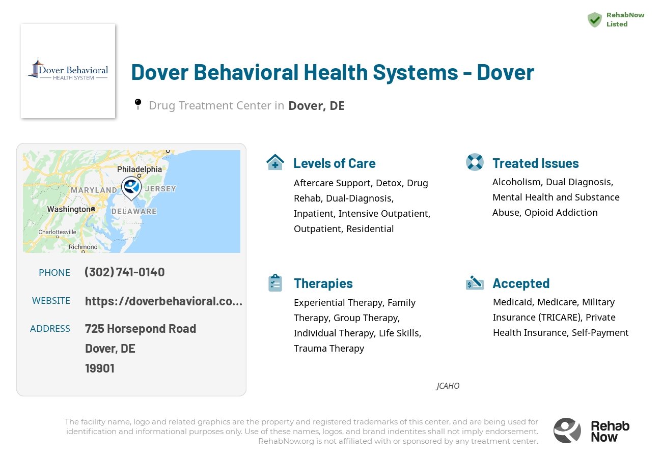 Helpful reference information for Dover Behavioral Health Systems - Dover, a drug treatment center in Delaware located at: 725 Horsepond Road, Dover, DE, 19901, including phone numbers, official website, and more. Listed briefly is an overview of Levels of Care, Therapies Offered, Issues Treated, and accepted forms of Payment Methods.