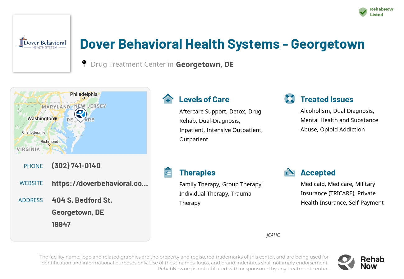 Helpful reference information for Dover Behavioral Health Systems - Georgetown, a drug treatment center in Delaware located at: 404 S. Bedford St., Georgetown, DE, 19947, including phone numbers, official website, and more. Listed briefly is an overview of Levels of Care, Therapies Offered, Issues Treated, and accepted forms of Payment Methods.