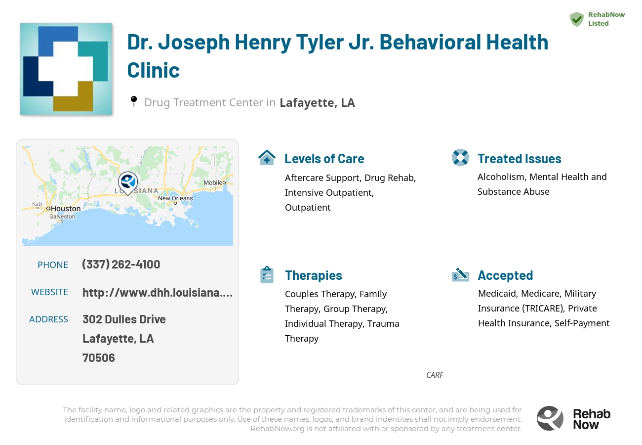 Helpful reference information for Dr. Joseph Henry Tyler Jr. Behavioral Health Clinic, a drug treatment center in Louisiana located at: 302 Dulles Drive, Lafayette, LA, 70506, including phone numbers, official website, and more. Listed briefly is an overview of Levels of Care, Therapies Offered, Issues Treated, and accepted forms of Payment Methods.