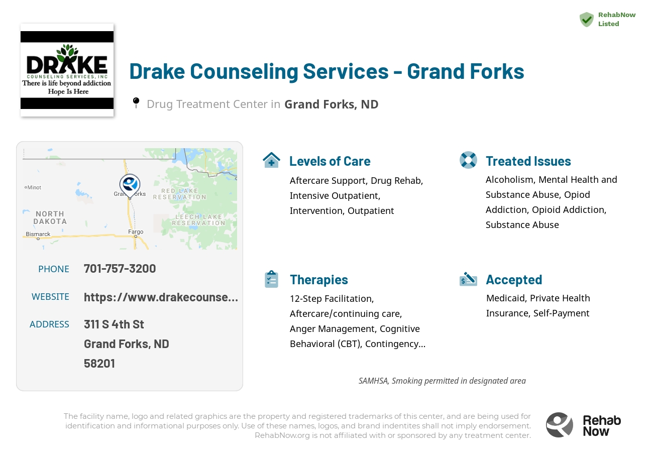 Helpful reference information for Drake Counseling Services - Grand Forks, a drug treatment center in North Dakota located at: 311 S 4th St, Grand Forks, ND 58201, including phone numbers, official website, and more. Listed briefly is an overview of Levels of Care, Therapies Offered, Issues Treated, and accepted forms of Payment Methods.