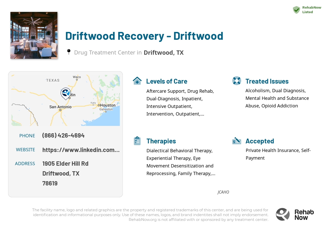 Helpful reference information for Driftwood Recovery - Driftwood, a drug treatment center in Texas located at: 1905 Elder Hill Rd, Driftwood, TX 78619, including phone numbers, official website, and more. Listed briefly is an overview of Levels of Care, Therapies Offered, Issues Treated, and accepted forms of Payment Methods.