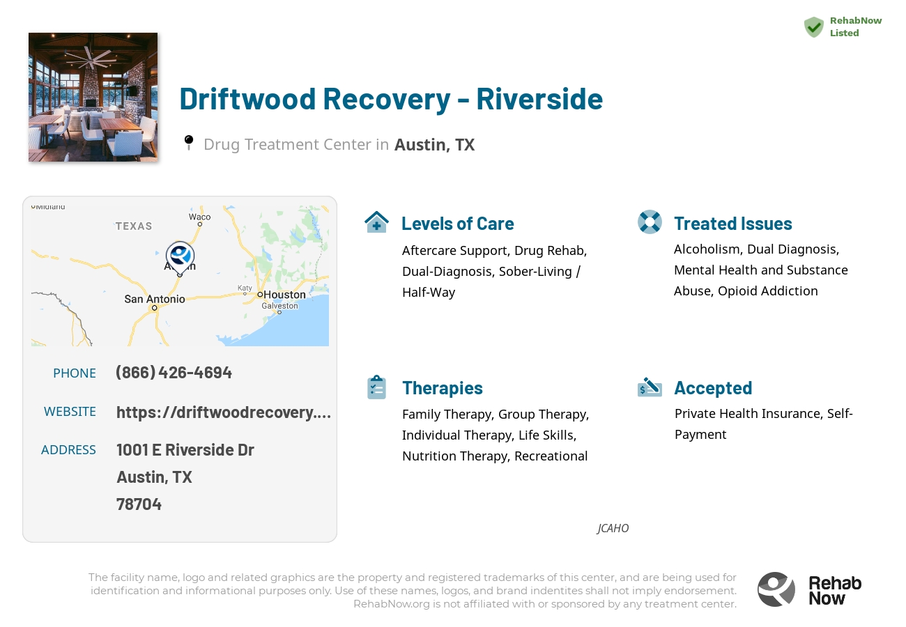 Helpful reference information for Driftwood Recovery - Riverside, a drug treatment center in Texas located at: 1001 E Riverside Dr, Austin, TX 78704, including phone numbers, official website, and more. Listed briefly is an overview of Levels of Care, Therapies Offered, Issues Treated, and accepted forms of Payment Methods.