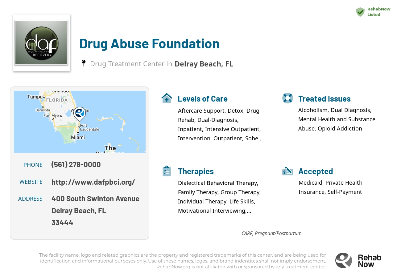 Helpful reference information for Drug Abuse Foundation, a drug treatment center in Florida located at: 400 South Swinton Avenue, Delray Beach, FL, 33444, including phone numbers, official website, and more. Listed briefly is an overview of Levels of Care, Therapies Offered, Issues Treated, and accepted forms of Payment Methods.