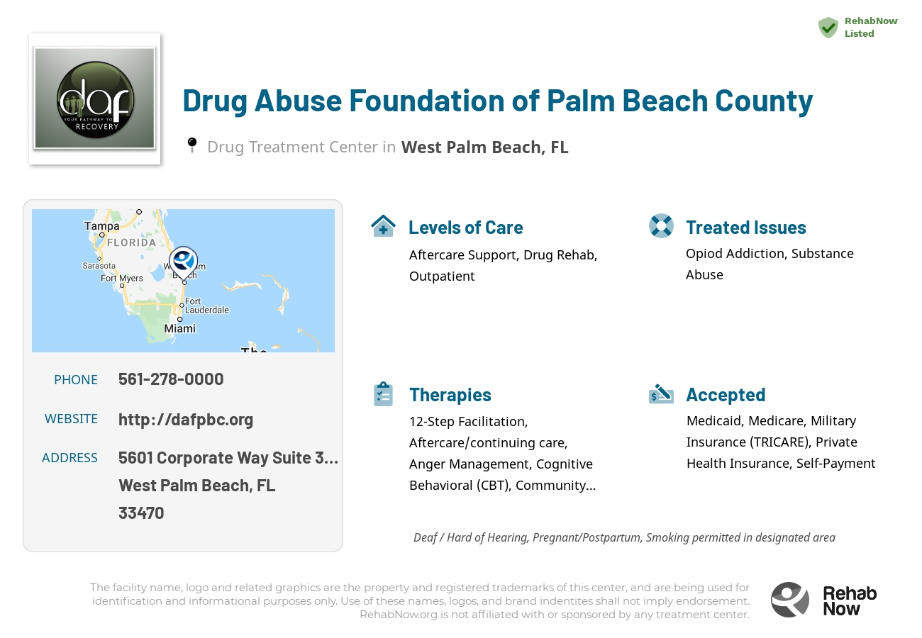 Helpful reference information for Drug Abuse Foundation of Palm Beach County, a drug treatment center in Florida located at: 5601 Corporate Way Suite 301, West Palm Beach, FL 33470, including phone numbers, official website, and more. Listed briefly is an overview of Levels of Care, Therapies Offered, Issues Treated, and accepted forms of Payment Methods.