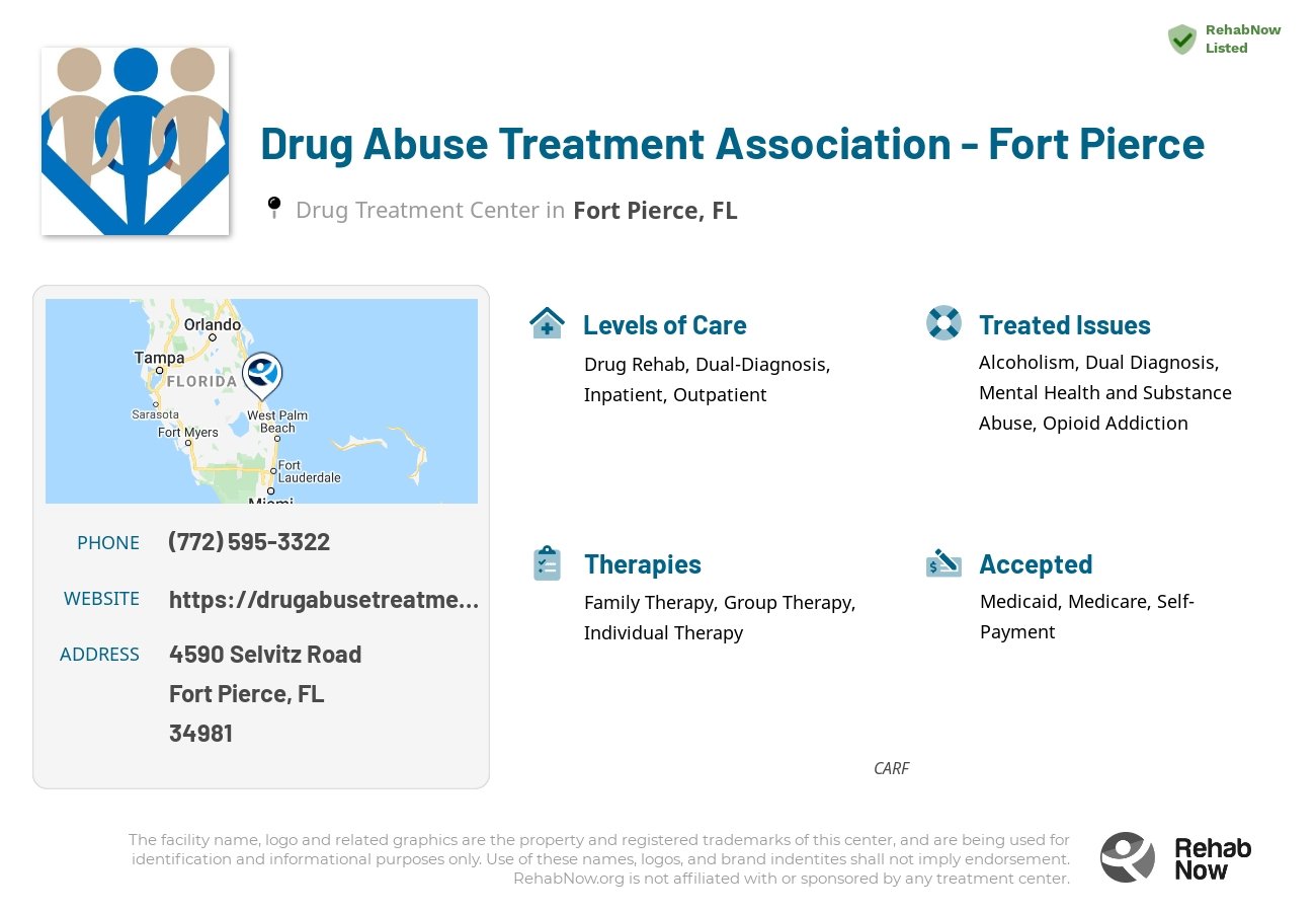 Helpful reference information for Drug Abuse Treatment Association - Fort Pierce, a drug treatment center in Florida located at: 4590 Selvitz Road, Fort Pierce, FL, 34981, including phone numbers, official website, and more. Listed briefly is an overview of Levels of Care, Therapies Offered, Issues Treated, and accepted forms of Payment Methods.