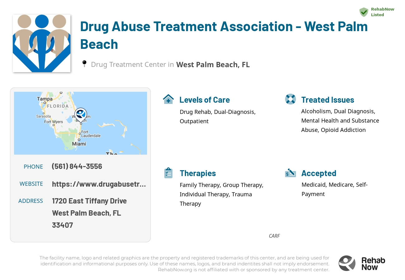 Helpful reference information for Drug Abuse Treatment Association - West Palm Beach, a drug treatment center in Florida located at: 1720 East Tiffany Drive, West Palm Beach, FL, 33407, including phone numbers, official website, and more. Listed briefly is an overview of Levels of Care, Therapies Offered, Issues Treated, and accepted forms of Payment Methods.