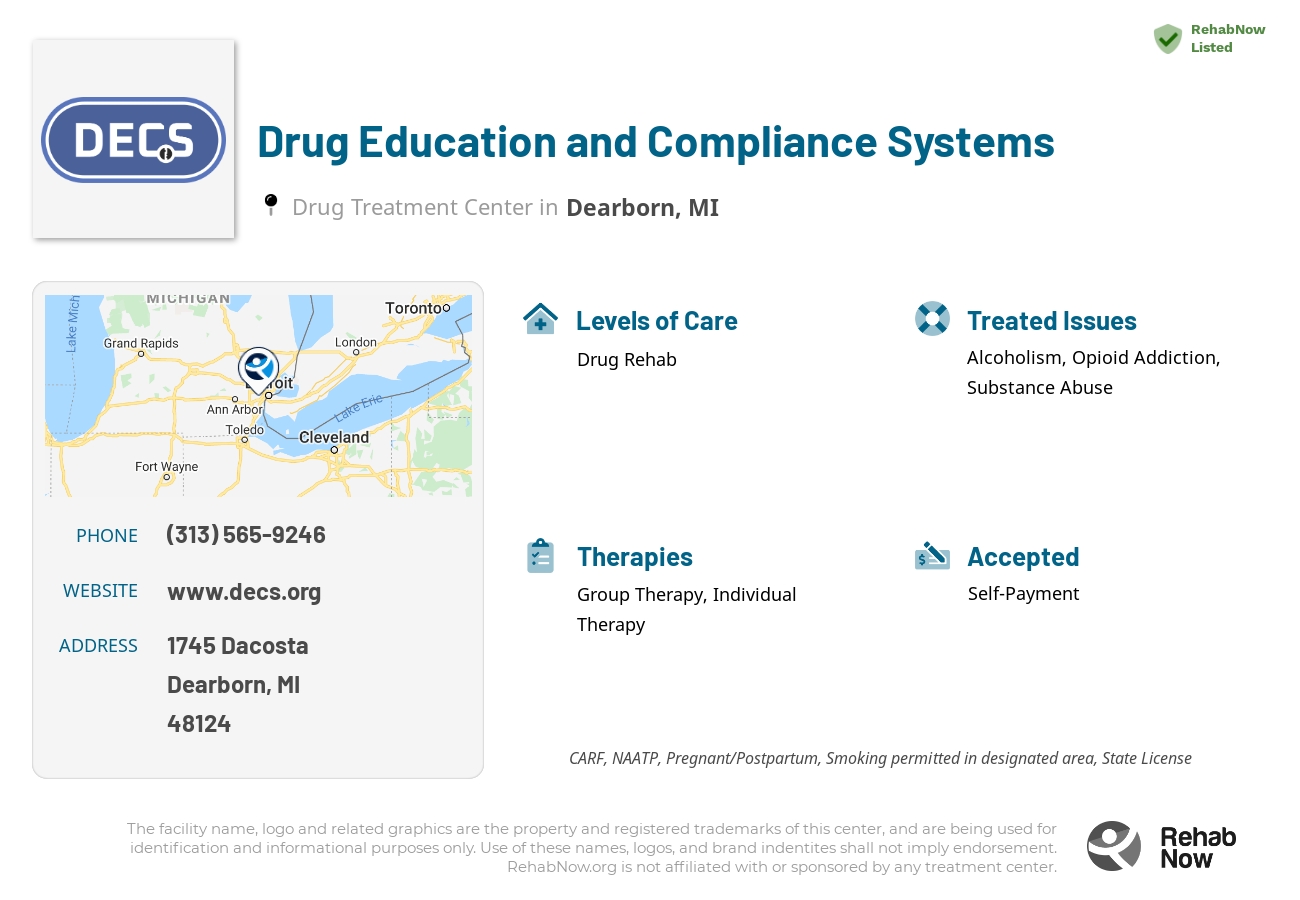 Helpful reference information for Drug Education and Compliance Systems, a drug treatment center in Michigan located at: 1745 Dacosta, Dearborn, MI, 48124, including phone numbers, official website, and more. Listed briefly is an overview of Levels of Care, Therapies Offered, Issues Treated, and accepted forms of Payment Methods.