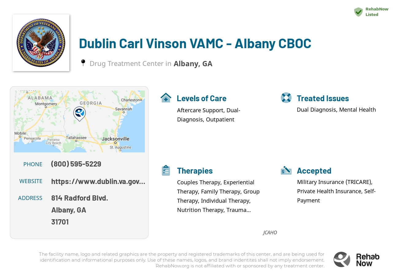 Helpful reference information for Dublin Carl Vinson VAMC - Albany CBOC, a drug treatment center in Georgia located at: 814 814 Radford Blvd., Albany, GA 31701, including phone numbers, official website, and more. Listed briefly is an overview of Levels of Care, Therapies Offered, Issues Treated, and accepted forms of Payment Methods.