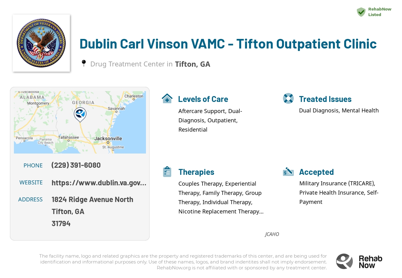 Helpful reference information for Dublin Carl Vinson VAMC - Tifton Outpatient Clinic, a drug treatment center in Georgia located at: 1824 1824 Ridge Avenue North, Tifton, GA 31794, including phone numbers, official website, and more. Listed briefly is an overview of Levels of Care, Therapies Offered, Issues Treated, and accepted forms of Payment Methods.