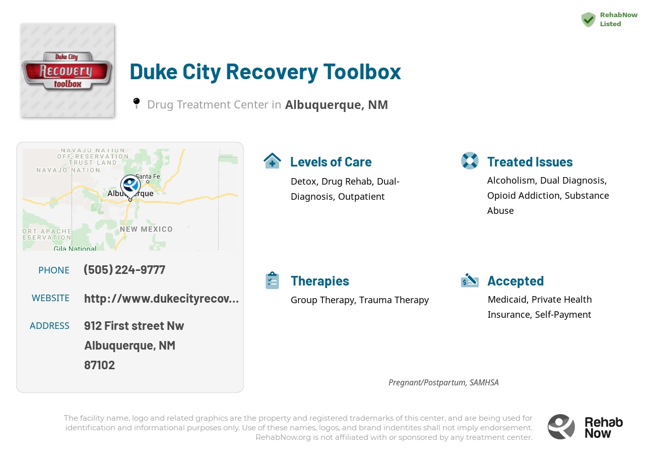 Helpful reference information for Duke City Recovery Toolbox, a drug treatment center in New Mexico located at: 912 912 First street Nw, Albuquerque, NM 87102, including phone numbers, official website, and more. Listed briefly is an overview of Levels of Care, Therapies Offered, Issues Treated, and accepted forms of Payment Methods.