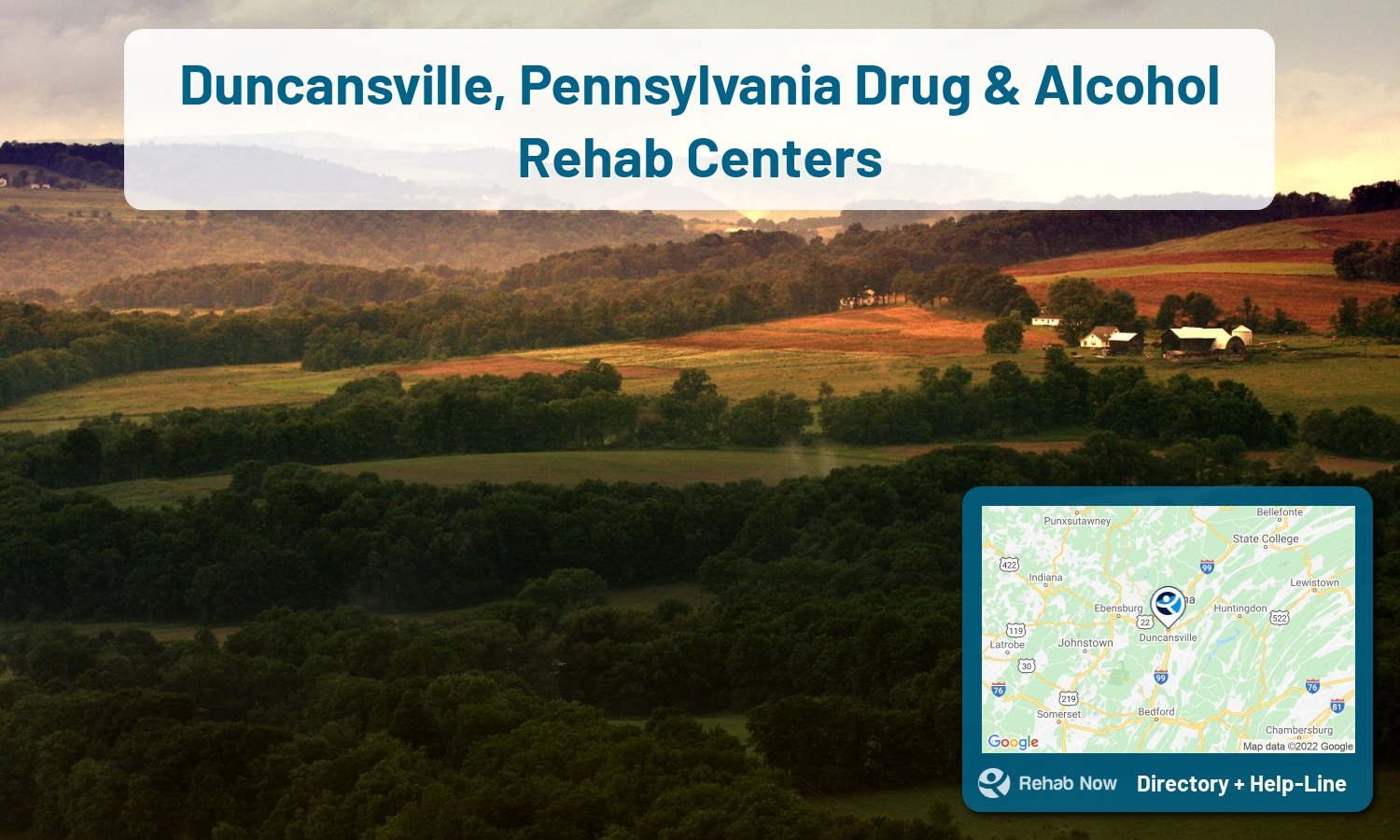 List of alcohol and drug treatment centers near you in Duncansville, Pennsylvania. Research certifications, programs, methods, pricing, and more.