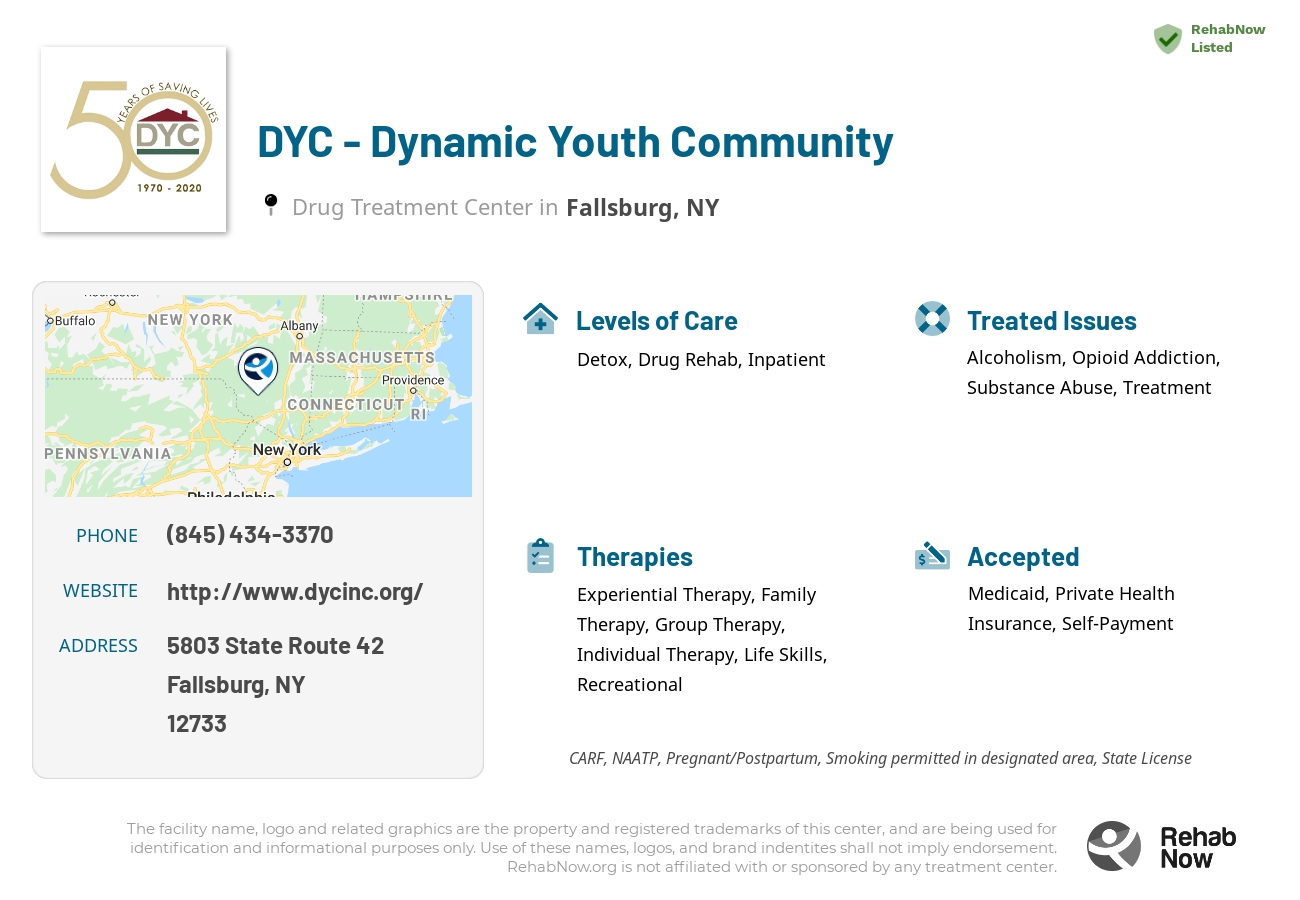 Helpful reference information for DYC - Dynamic Youth Community, a drug treatment center in New York located at: 5803 State Route 42, Fallsburg, NY 12733, including phone numbers, official website, and more. Listed briefly is an overview of Levels of Care, Therapies Offered, Issues Treated, and accepted forms of Payment Methods.