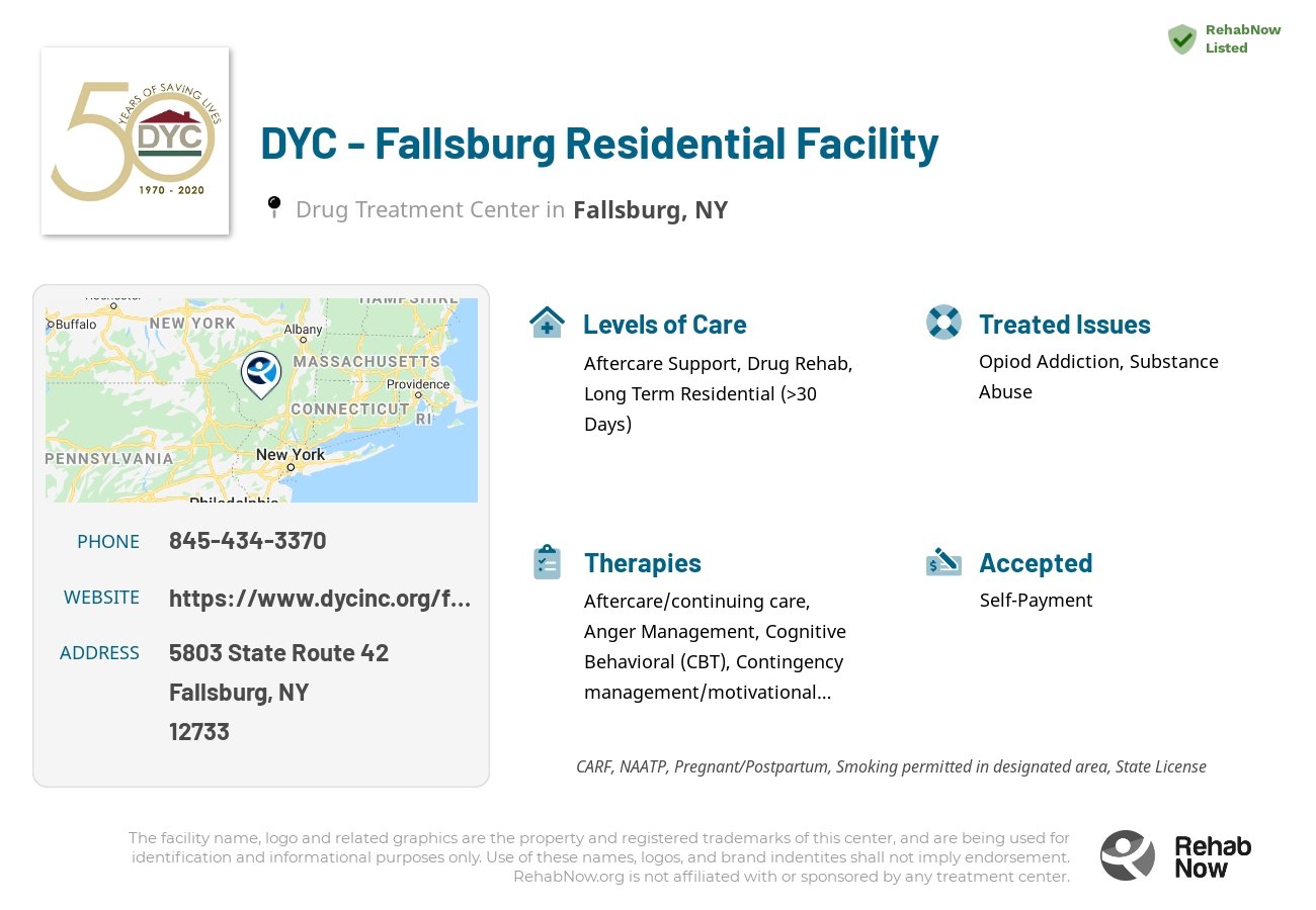 Helpful reference information for DYC - Fallsburg Residential Facility, a drug treatment center in New York located at: 5803 State Route 42, Fallsburg, NY 12733, including phone numbers, official website, and more. Listed briefly is an overview of Levels of Care, Therapies Offered, Issues Treated, and accepted forms of Payment Methods.
