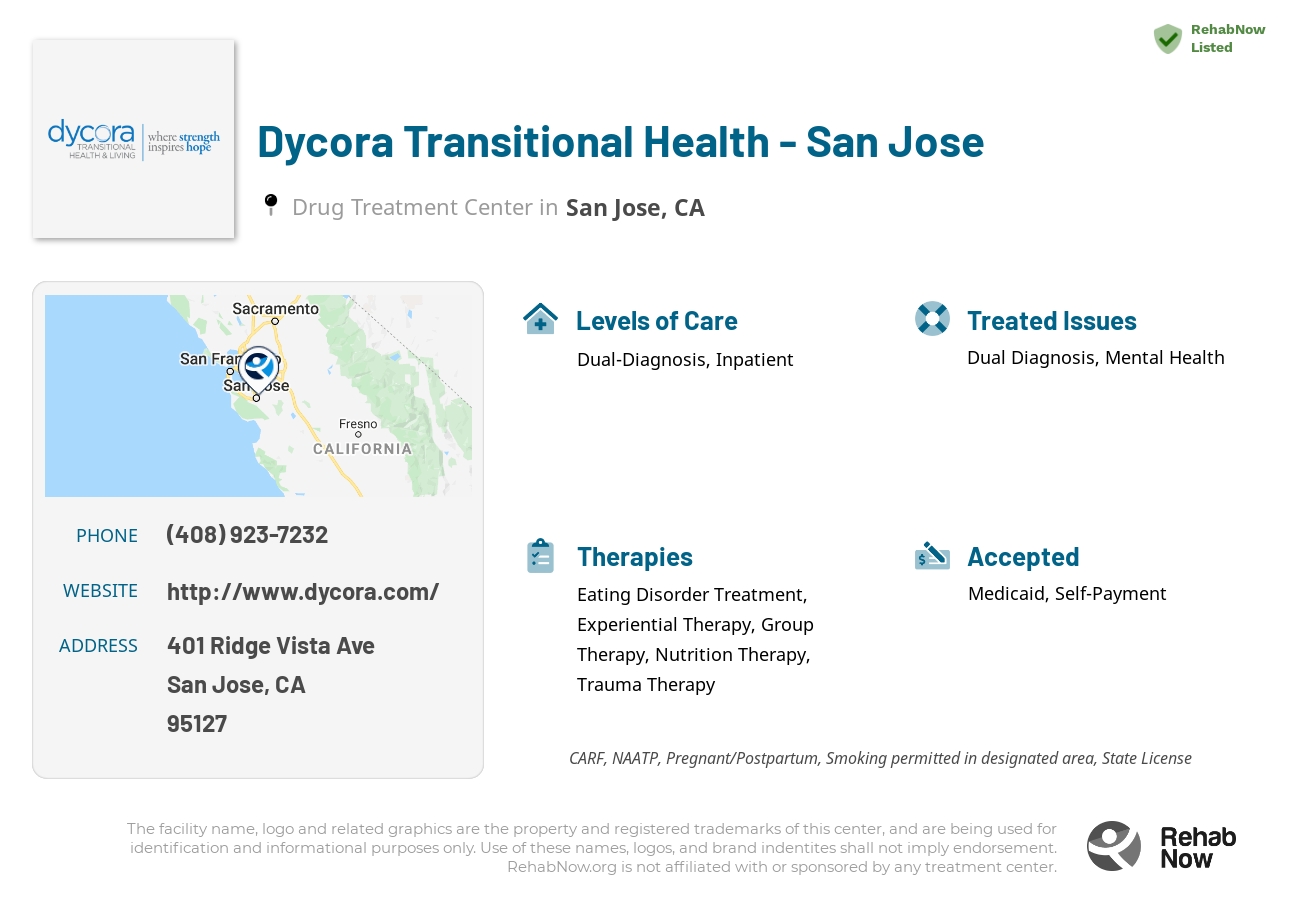 Helpful reference information for Dycora Transitional Health - San Jose, a drug treatment center in California located at: 401 Ridge Vista Ave, San Jose, CA 95127, including phone numbers, official website, and more. Listed briefly is an overview of Levels of Care, Therapies Offered, Issues Treated, and accepted forms of Payment Methods.