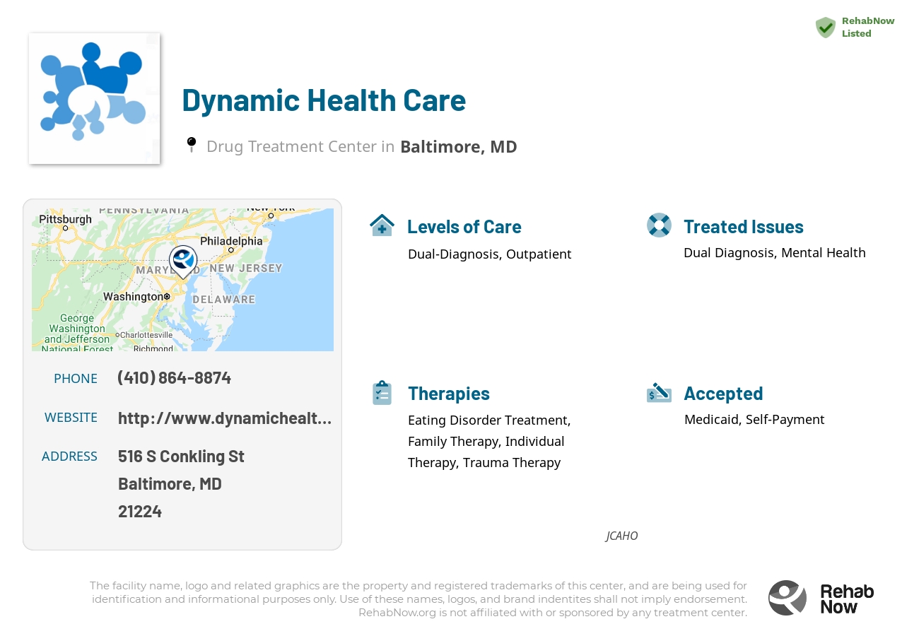 Helpful reference information for Dynamic Health Care, a drug treatment center in Maryland located at: 516 S Conkling St, Baltimore, MD 21224, including phone numbers, official website, and more. Listed briefly is an overview of Levels of Care, Therapies Offered, Issues Treated, and accepted forms of Payment Methods.