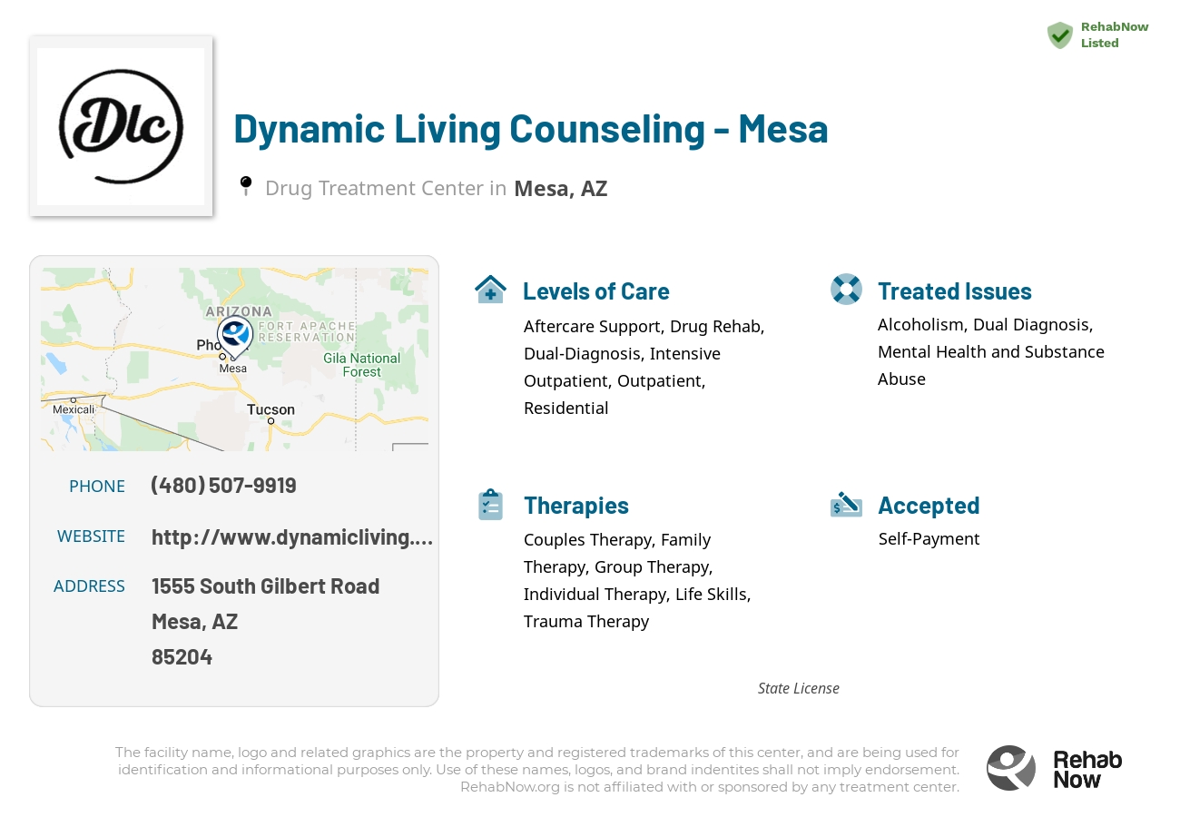 Helpful reference information for Dynamic Living Counseling - Mesa, a drug treatment center in Arizona located at: 1555 South Gilbert Road, Mesa, AZ, 85204, including phone numbers, official website, and more. Listed briefly is an overview of Levels of Care, Therapies Offered, Issues Treated, and accepted forms of Payment Methods.