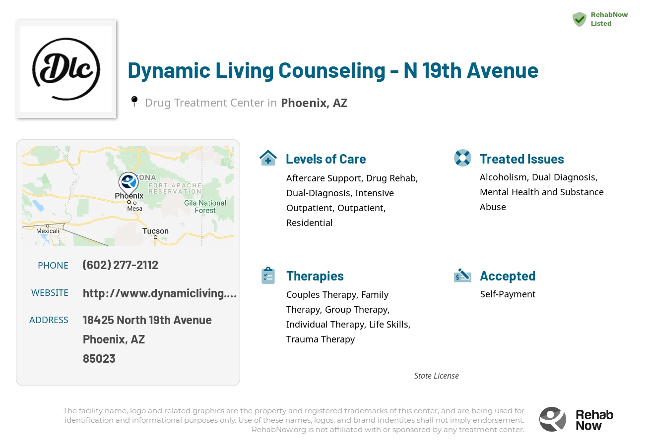 Helpful reference information for Dynamic Living Counseling - N 19th Avenue, a drug treatment center in Arizona located at: 18425 North 19th Avenue, Phoenix, AZ, 85023, including phone numbers, official website, and more. Listed briefly is an overview of Levels of Care, Therapies Offered, Issues Treated, and accepted forms of Payment Methods.