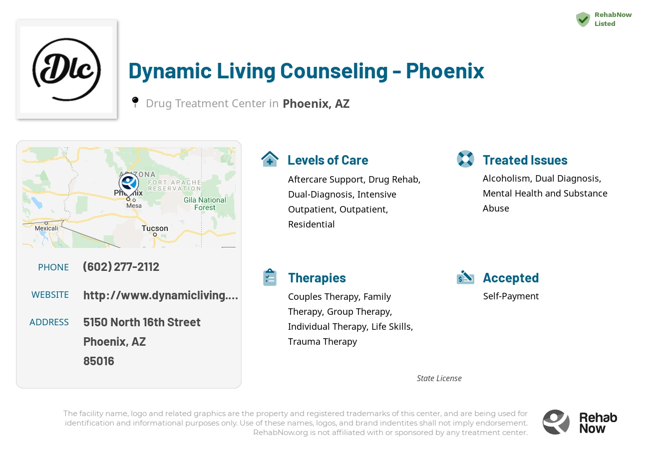 Helpful reference information for Dynamic Living Counseling - Phoenix, a drug treatment center in Arizona located at: 5150 North 16th Street, Phoenix, AZ, 85016, including phone numbers, official website, and more. Listed briefly is an overview of Levels of Care, Therapies Offered, Issues Treated, and accepted forms of Payment Methods.