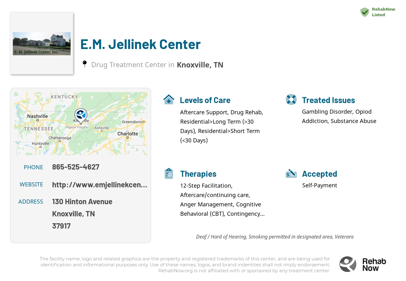 Helpful reference information for E.M. Jellinek Center, a drug treatment center in Tennessee located at: 130 Hinton Avenue, Knoxville, TN 37917, including phone numbers, official website, and more. Listed briefly is an overview of Levels of Care, Therapies Offered, Issues Treated, and accepted forms of Payment Methods.
