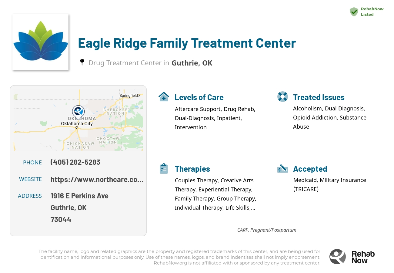 Helpful reference information for Eagle Ridge Family Treatment Center, a drug treatment center in Oklahoma located at: 1916 E Perkins Ave, Guthrie, OK 73044, including phone numbers, official website, and more. Listed briefly is an overview of Levels of Care, Therapies Offered, Issues Treated, and accepted forms of Payment Methods.