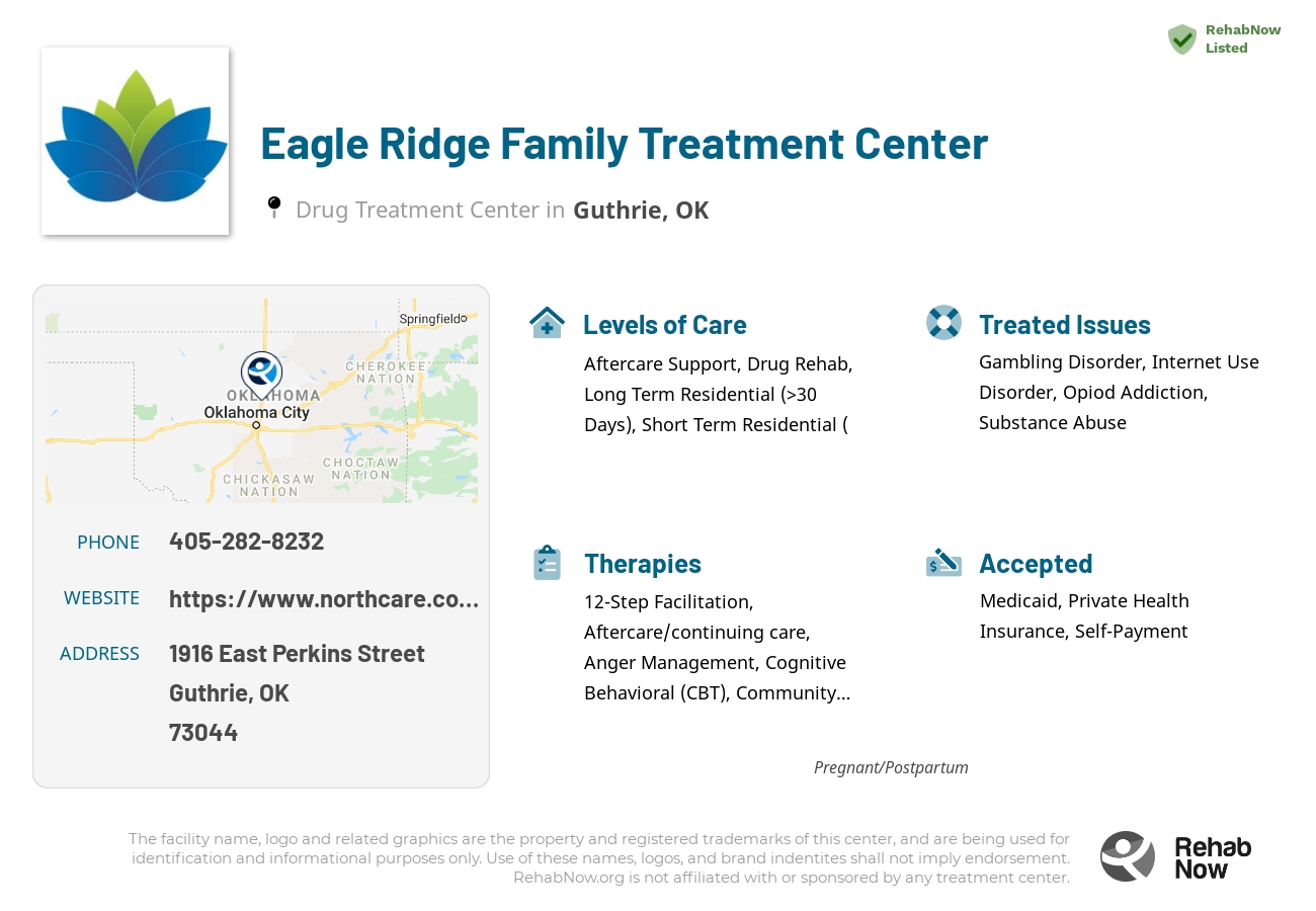 Helpful reference information for Eagle Ridge Family Treatment Center, a drug treatment center in Oklahoma located at: 1916 East Perkins Street, Guthrie, OK 73044, including phone numbers, official website, and more. Listed briefly is an overview of Levels of Care, Therapies Offered, Issues Treated, and accepted forms of Payment Methods.