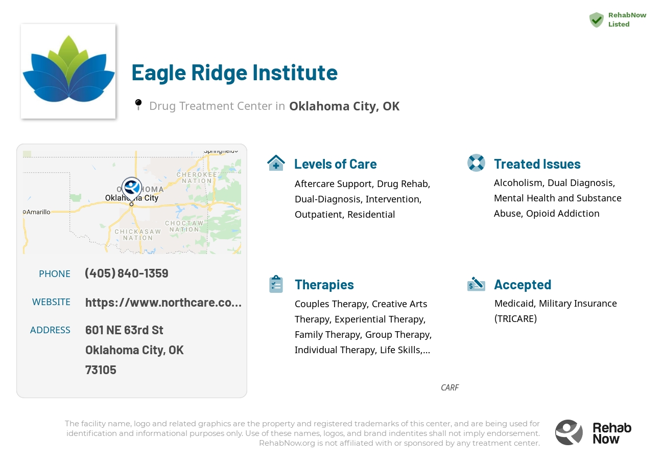 Helpful reference information for Eagle Ridge Institute, a drug treatment center in Oklahoma located at: 601 NE 63rd St, Oklahoma City, OK 73105, including phone numbers, official website, and more. Listed briefly is an overview of Levels of Care, Therapies Offered, Issues Treated, and accepted forms of Payment Methods.