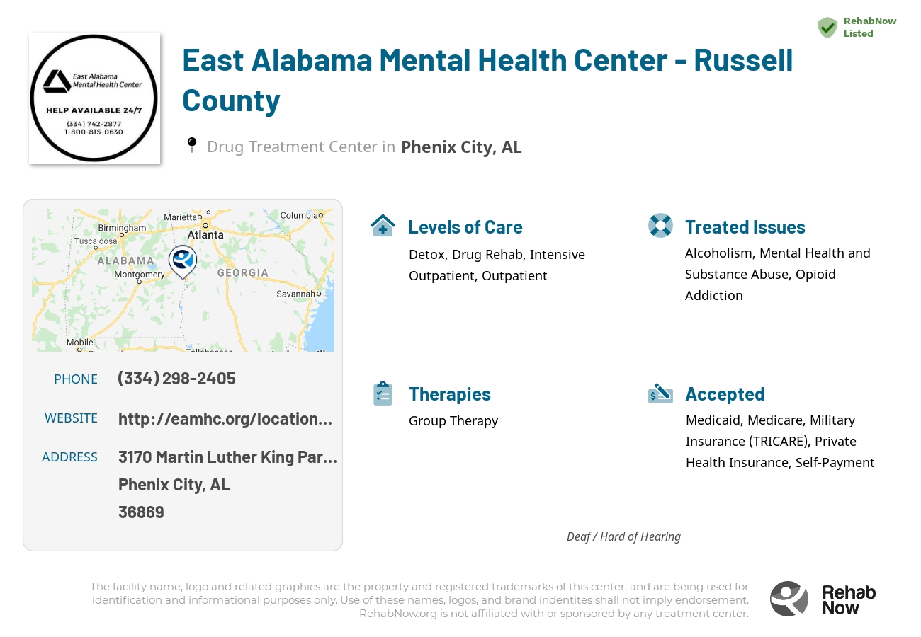 Helpful reference information for East Alabama Mental Health Center - Russell County, a drug treatment center in Alabama located at: 3170 Martin Luther King Parkway South, Phenix City, AL, 36869, including phone numbers, official website, and more. Listed briefly is an overview of Levels of Care, Therapies Offered, Issues Treated, and accepted forms of Payment Methods.