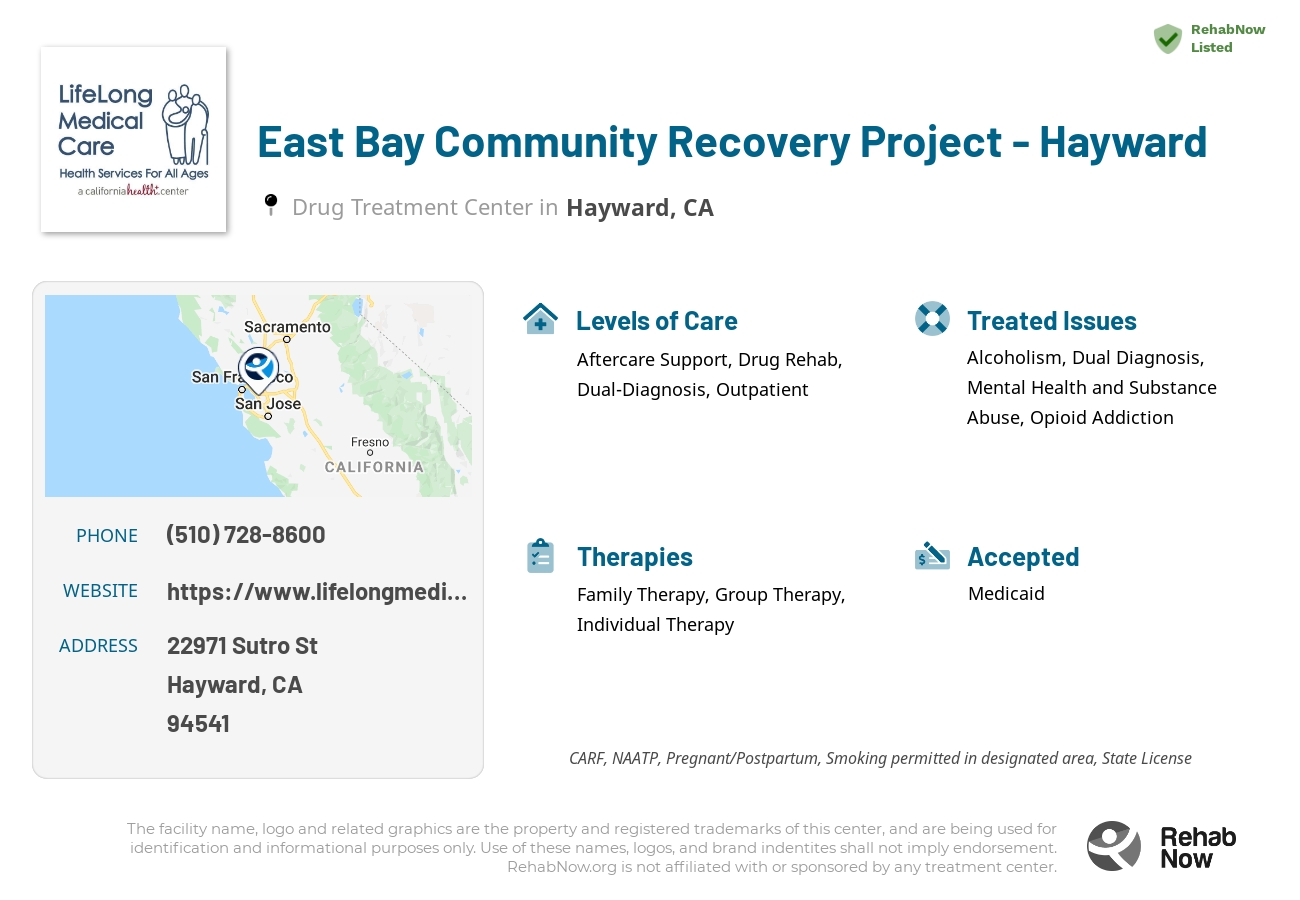 Helpful reference information for East Bay Community Recovery Project - Hayward, a drug treatment center in California located at: 22971 Sutro St, Hayward, CA 94541, including phone numbers, official website, and more. Listed briefly is an overview of Levels of Care, Therapies Offered, Issues Treated, and accepted forms of Payment Methods.