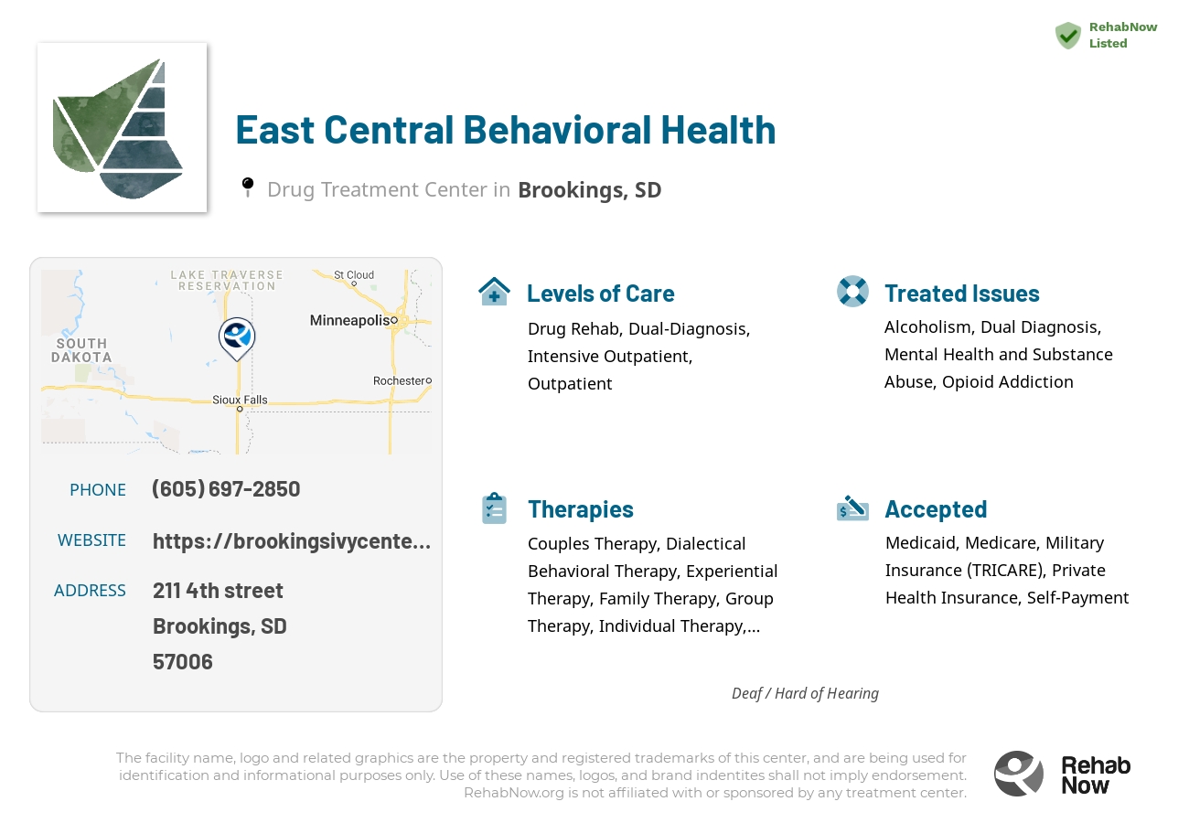 Helpful reference information for East Central Behavioral Health, a drug treatment center in South Dakota located at: 211 211 4th street, Brookings, SD 57006, including phone numbers, official website, and more. Listed briefly is an overview of Levels of Care, Therapies Offered, Issues Treated, and accepted forms of Payment Methods.