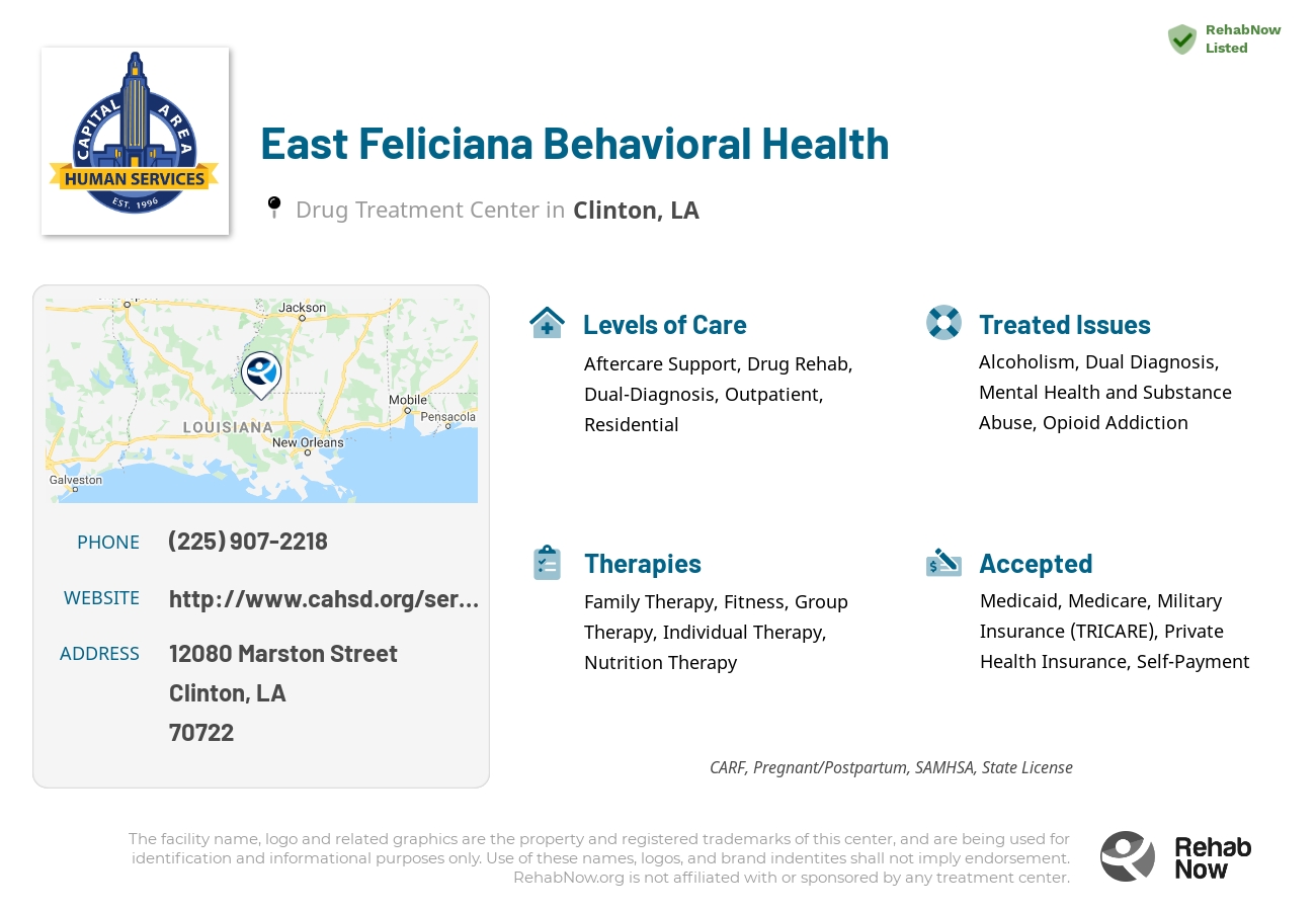Helpful reference information for East Feliciana Behavioral Health, a drug treatment center in Louisiana located at: 12080 Marston Street, Clinton, LA, 70722, including phone numbers, official website, and more. Listed briefly is an overview of Levels of Care, Therapies Offered, Issues Treated, and accepted forms of Payment Methods.