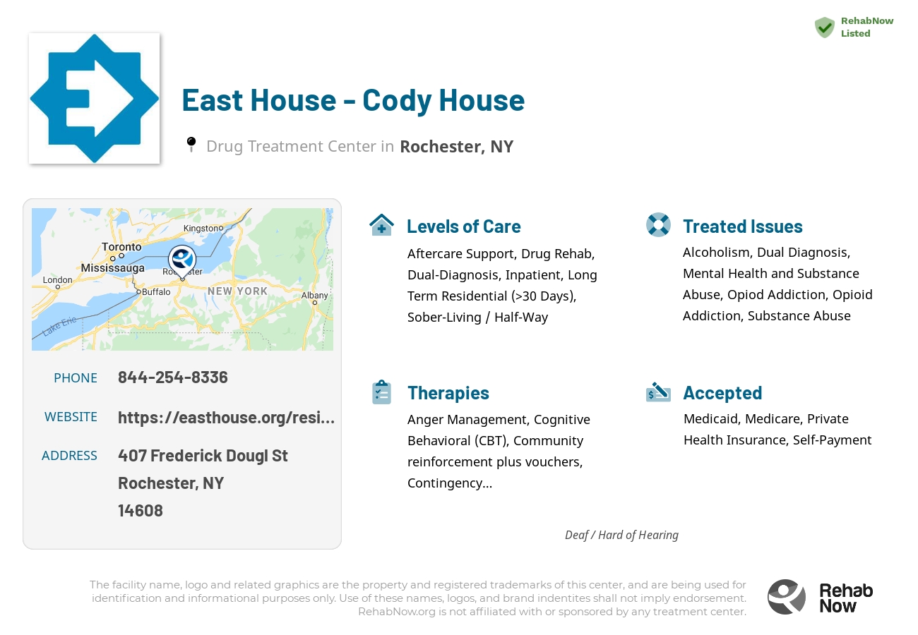 Helpful reference information for East House - Cody House, a drug treatment center in New York located at: 407 Frederick Dougl St, Rochester, NY 14608, including phone numbers, official website, and more. Listed briefly is an overview of Levels of Care, Therapies Offered, Issues Treated, and accepted forms of Payment Methods.
