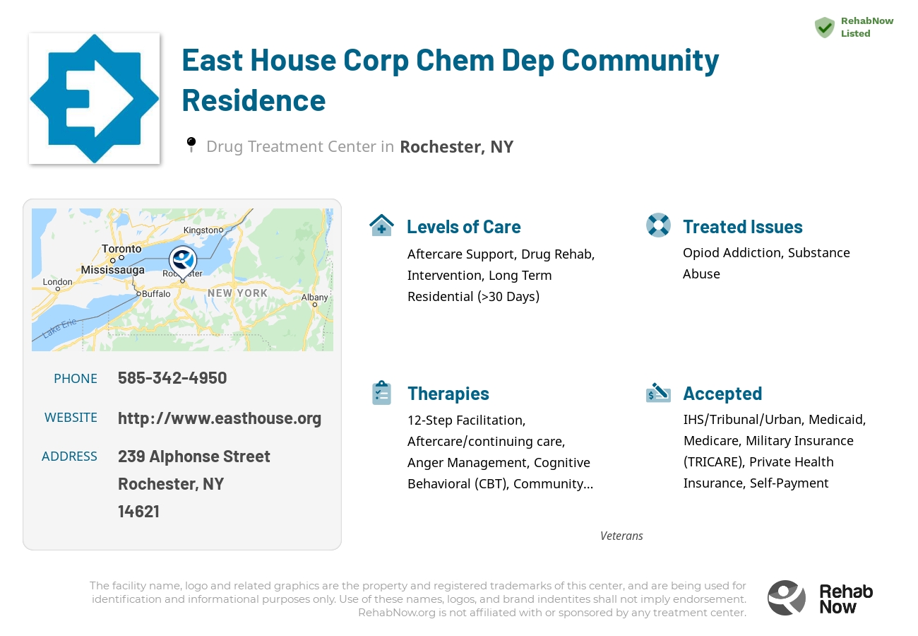 Helpful reference information for East House Corp Chem Dep Community Residence, a drug treatment center in New York located at: 239 Alphonse Street, Rochester, NY 14621, including phone numbers, official website, and more. Listed briefly is an overview of Levels of Care, Therapies Offered, Issues Treated, and accepted forms of Payment Methods.