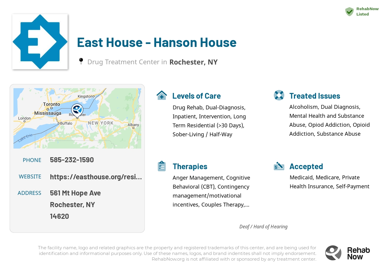 Helpful reference information for East House - Hanson House, a drug treatment center in New York located at: 561 Mt Hope Ave, Rochester, NY 14620, including phone numbers, official website, and more. Listed briefly is an overview of Levels of Care, Therapies Offered, Issues Treated, and accepted forms of Payment Methods.