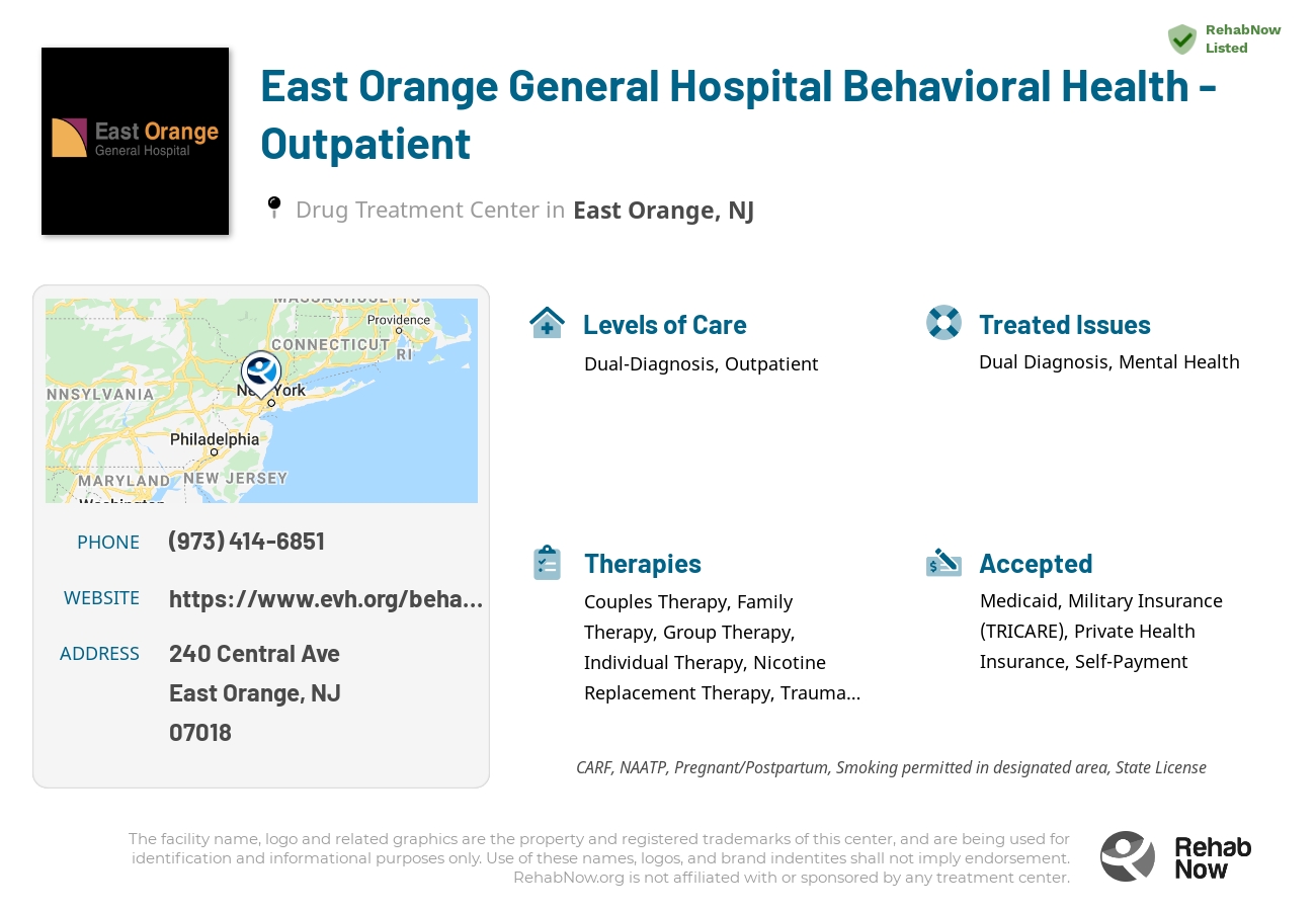 Helpful reference information for East Orange General Hospital Behavioral Health - Outpatient, a drug treatment center in New Jersey located at: 240 Central Ave, East Orange, NJ 07018, including phone numbers, official website, and more. Listed briefly is an overview of Levels of Care, Therapies Offered, Issues Treated, and accepted forms of Payment Methods.