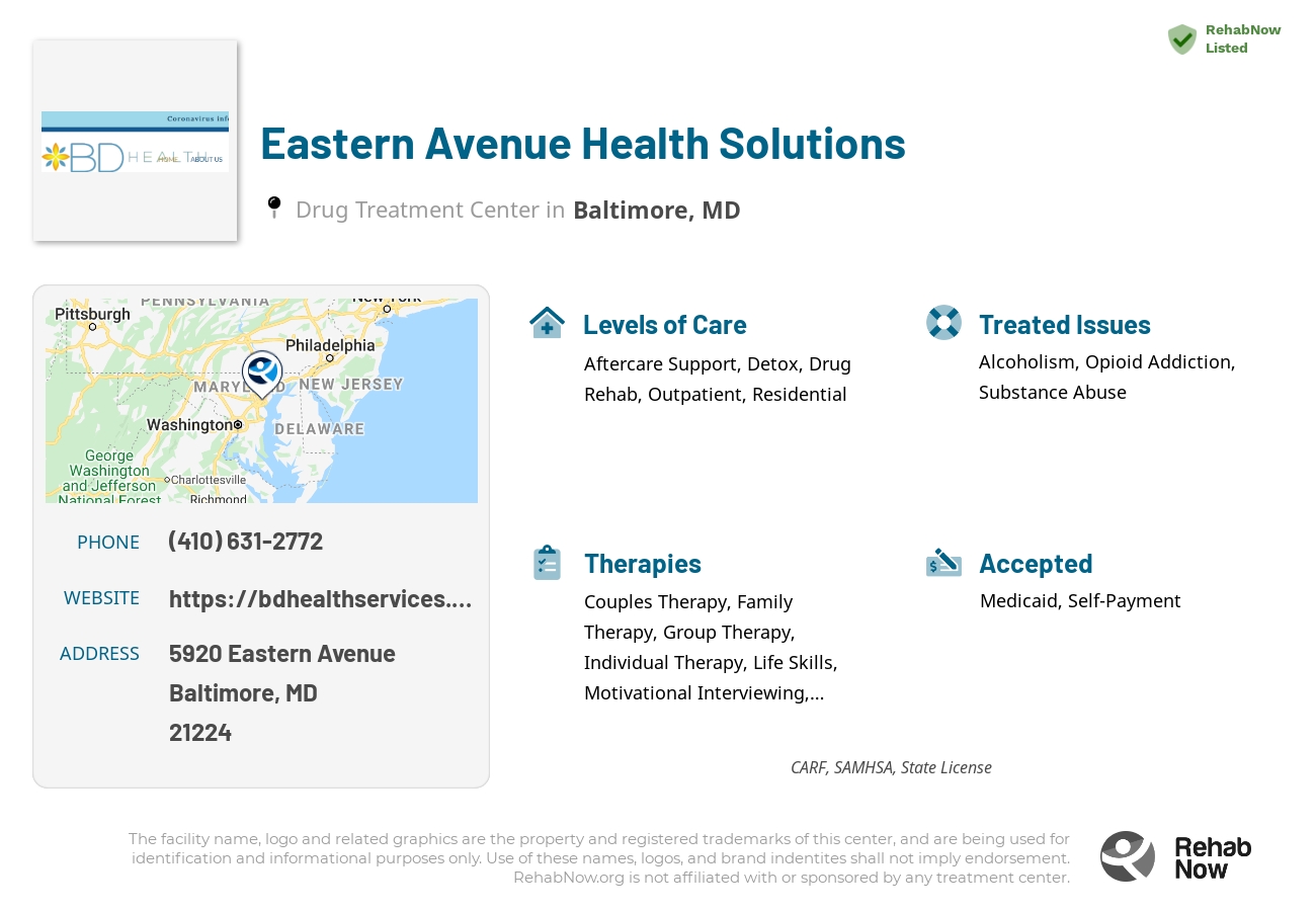Helpful reference information for Eastern Avenue Health Solutions, a drug treatment center in Maryland located at: 5920 Eastern Avenue, Baltimore, MD, 21224, including phone numbers, official website, and more. Listed briefly is an overview of Levels of Care, Therapies Offered, Issues Treated, and accepted forms of Payment Methods.