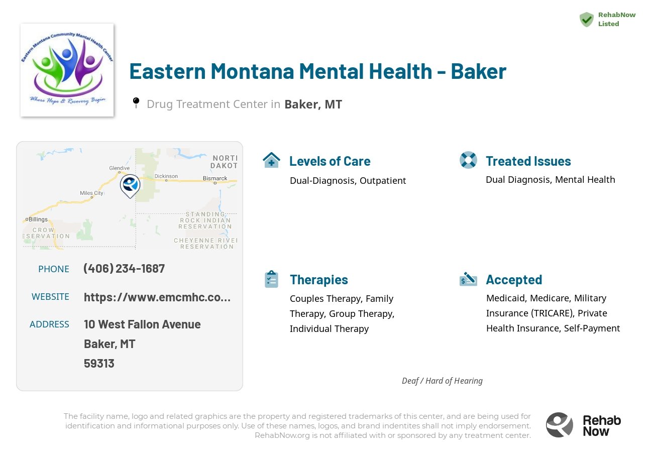 Helpful reference information for Eastern Montana Mental Health - Baker, a drug treatment center in Montana located at: 10 10 West Fallon Avenue, Baker, MT 59313, including phone numbers, official website, and more. Listed briefly is an overview of Levels of Care, Therapies Offered, Issues Treated, and accepted forms of Payment Methods.