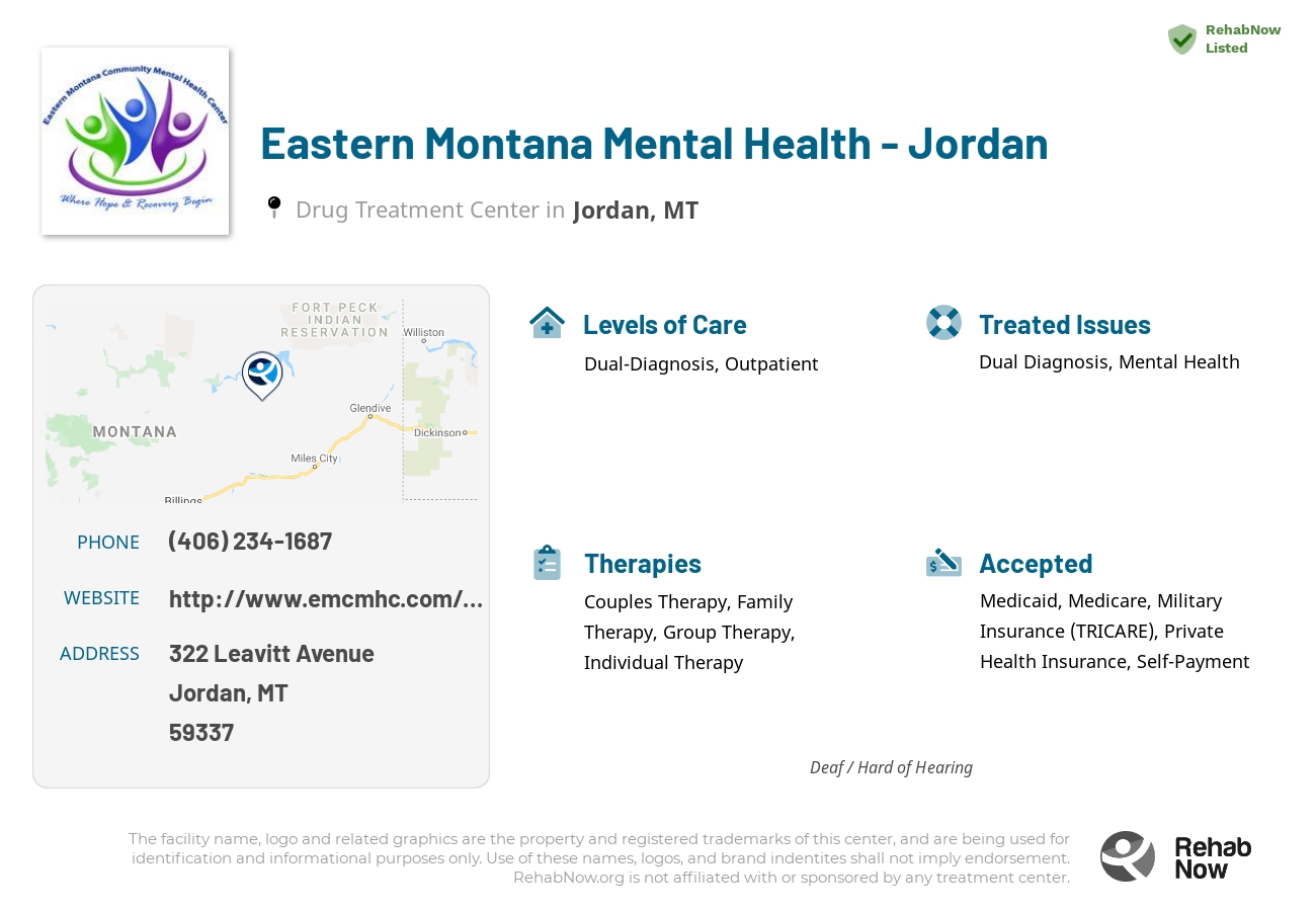 Helpful reference information for Eastern Montana Mental Health - Jordan, a drug treatment center in Montana located at: 322 Leavitt Avenue, Jordan, MT 59337, including phone numbers, official website, and more. Listed briefly is an overview of Levels of Care, Therapies Offered, Issues Treated, and accepted forms of Payment Methods.