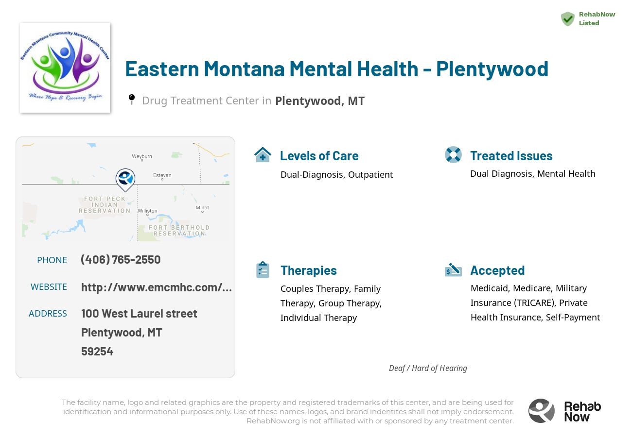 Helpful reference information for Eastern Montana Mental Health - Plentywood, a drug treatment center in Montana located at: 100 100 West Laurel street, Plentywood, MT 59254, including phone numbers, official website, and more. Listed briefly is an overview of Levels of Care, Therapies Offered, Issues Treated, and accepted forms of Payment Methods.