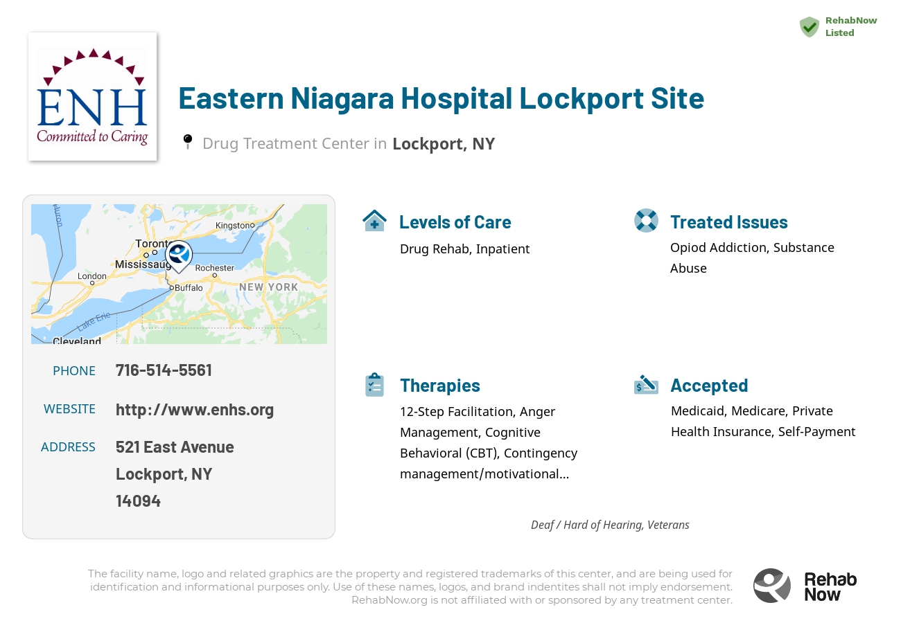 Helpful reference information for Eastern Niagara Hospital Lockport Site, a drug treatment center in New York located at: 521 East Avenue, Lockport, NY 14094, including phone numbers, official website, and more. Listed briefly is an overview of Levels of Care, Therapies Offered, Issues Treated, and accepted forms of Payment Methods.